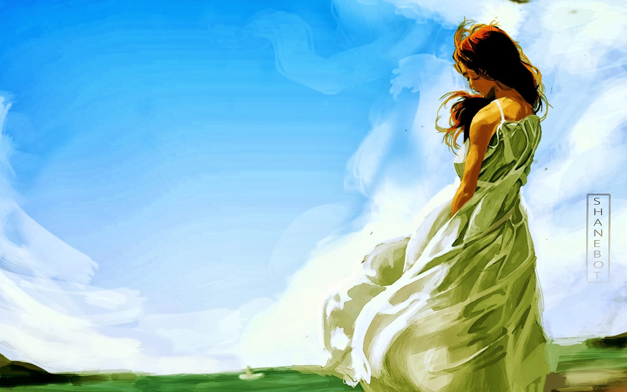 Woman in a flowing dress against a blue sky HD Wallpaper