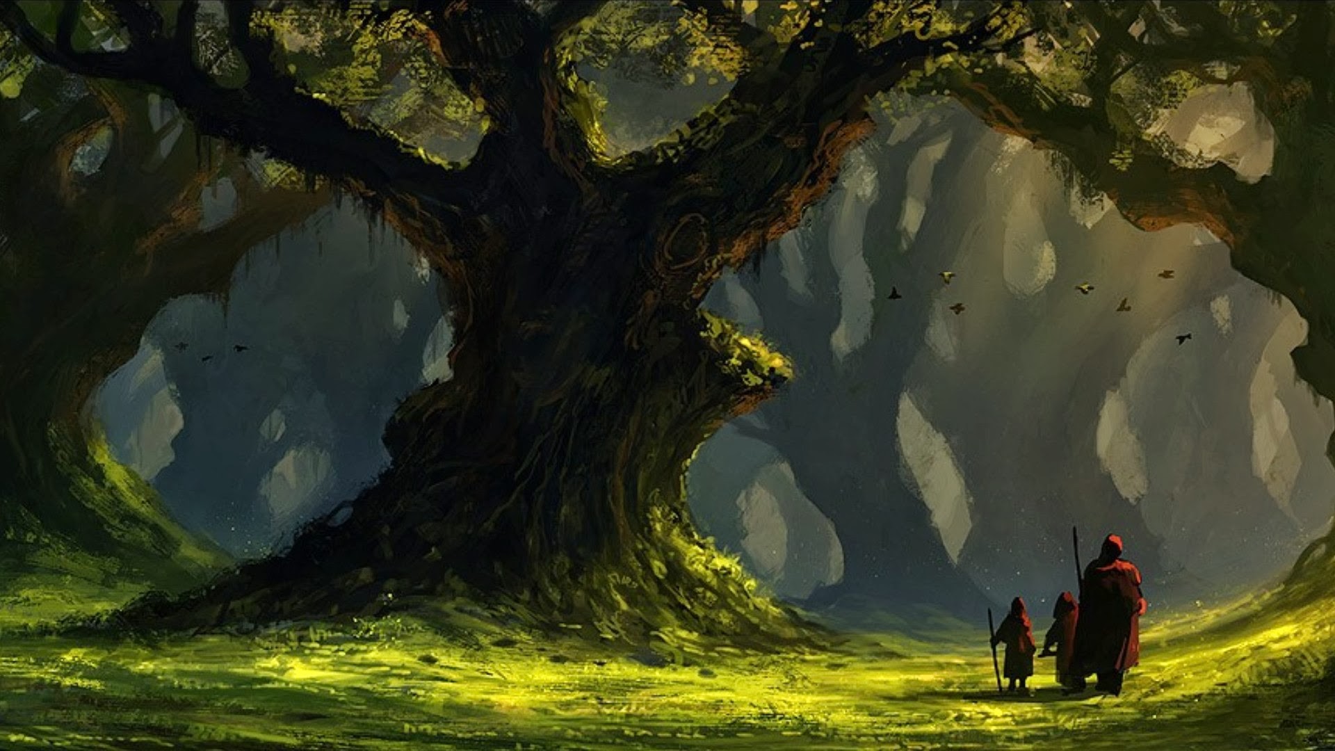 Fantasy art of a forest with travelers HD Wallpaper
