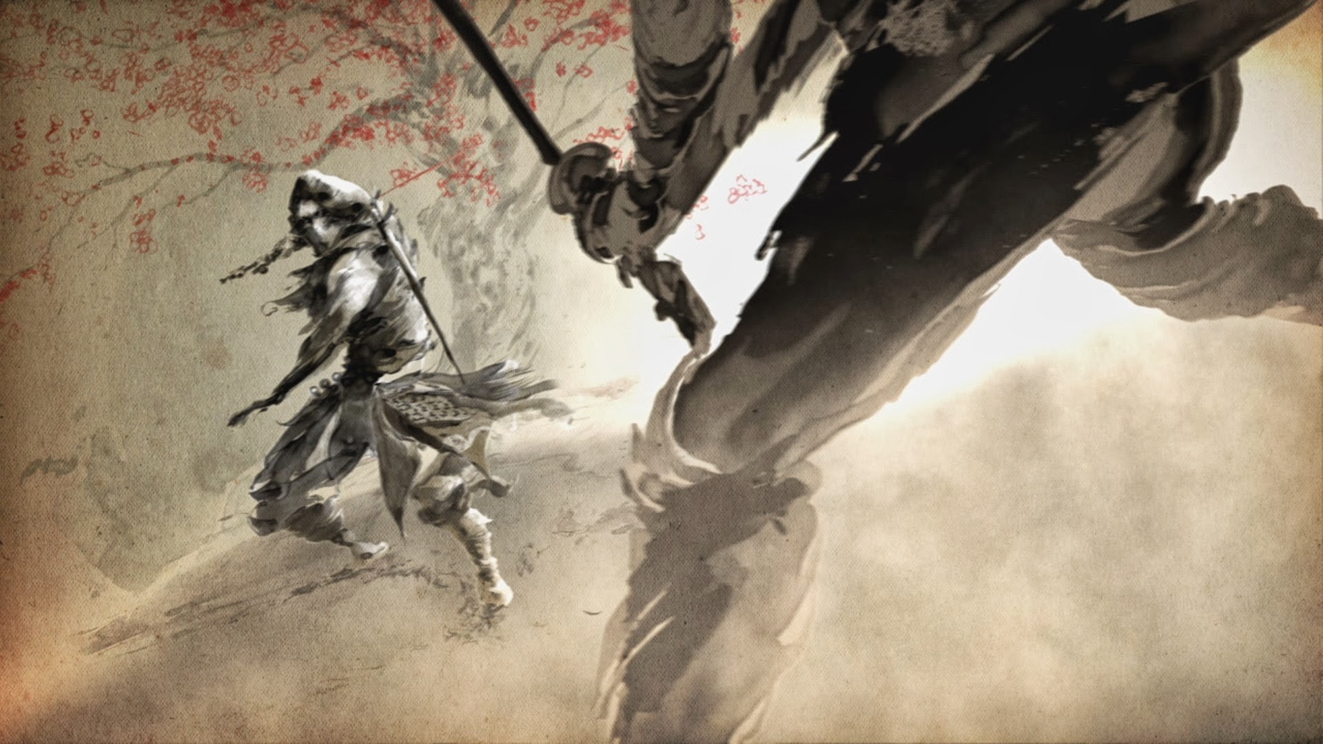 Samurai warriors in a stylized battle HD Wallpaper