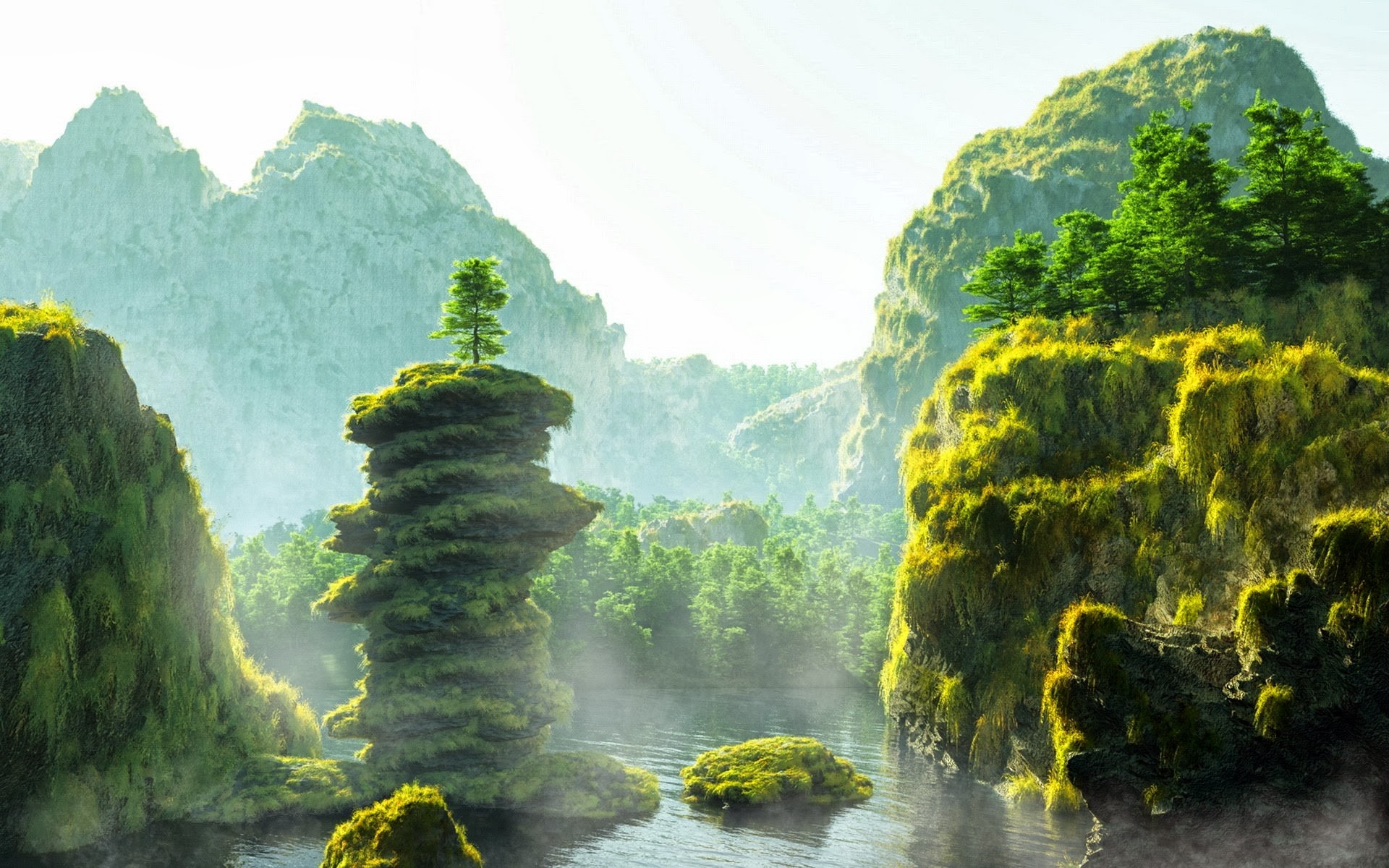Fantasy landscape with moss-covered rocks and mountains HD Wallpaper