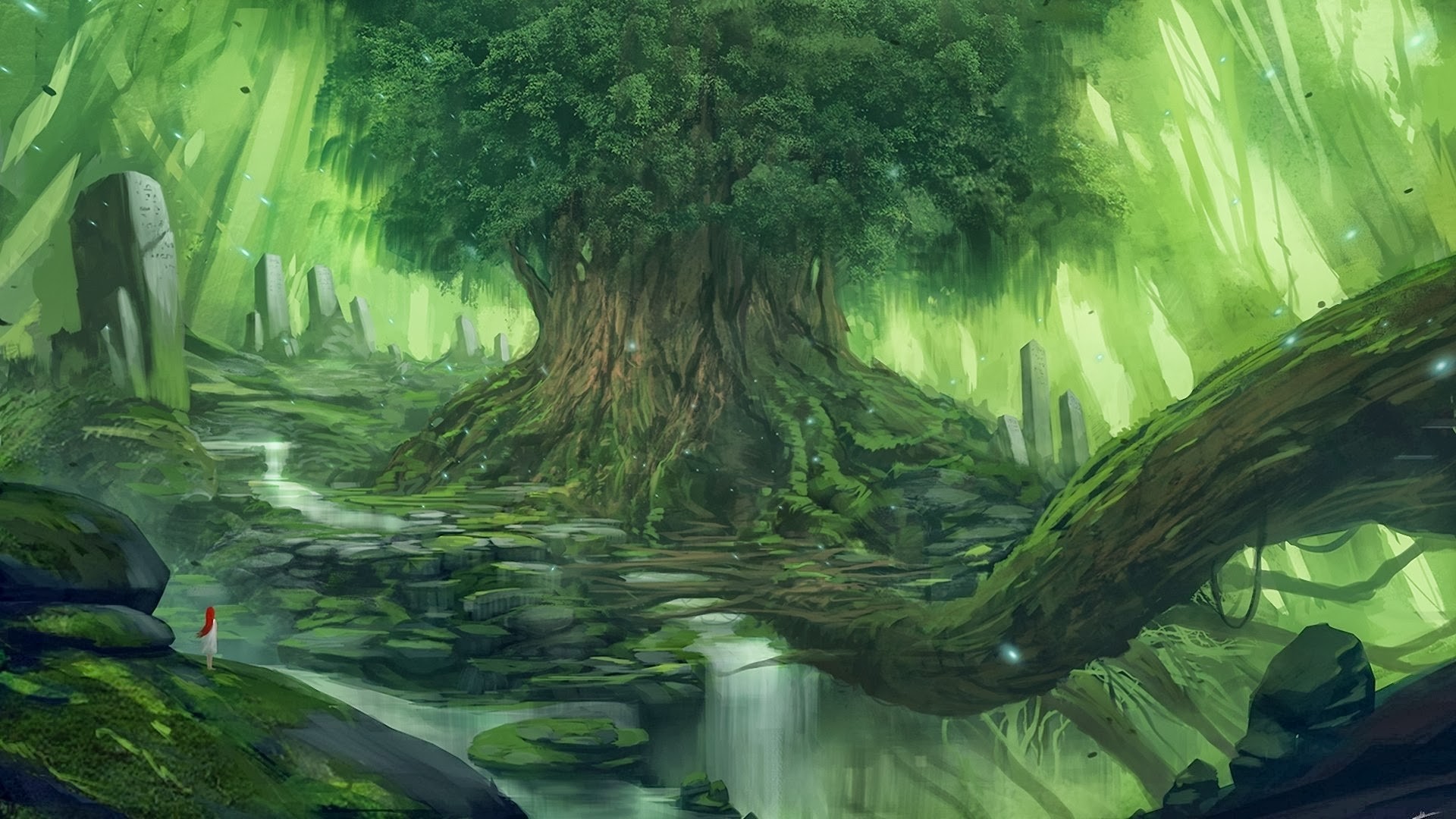 Fantasy forest with ancient tree and standing stones HD Wallpaper