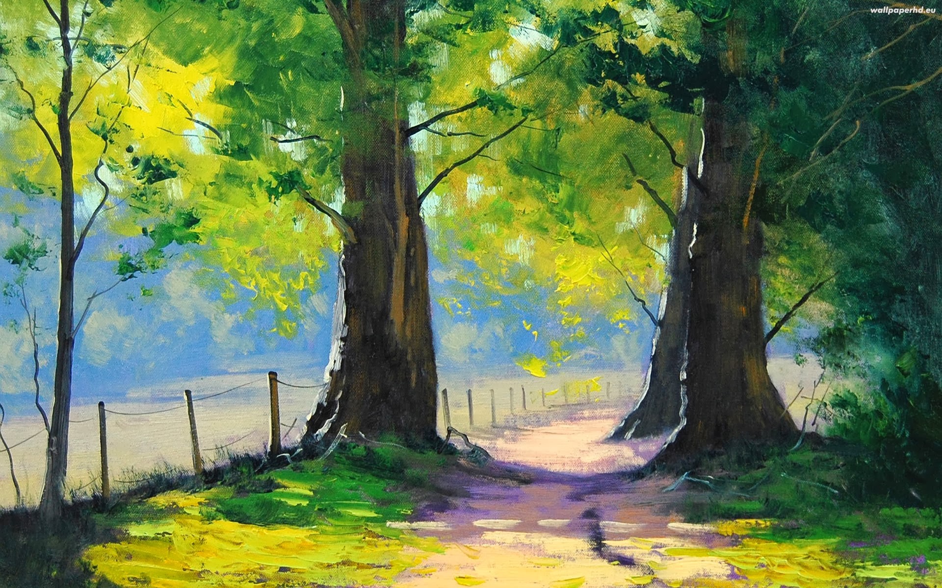 Painting of a path through trees with a fence HD Wallpaper