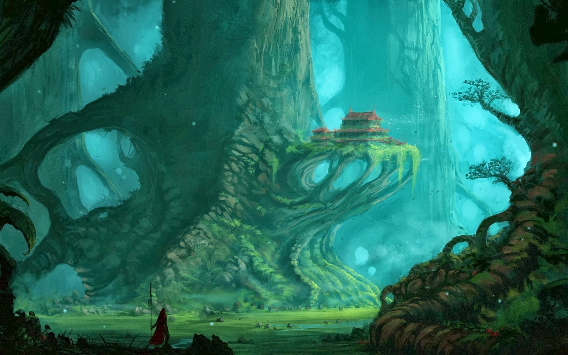 Fantasy art of a mystical forest with a temple HD Wallpaper
