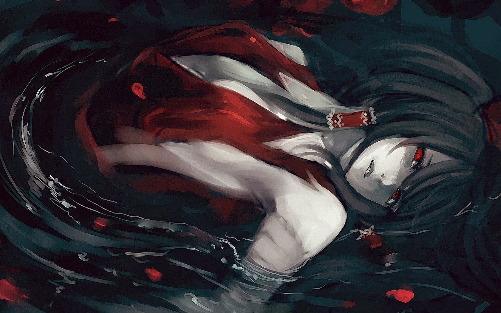 Hakurei Reimu from Touhou in dark water with rose petals HD Wallpaper