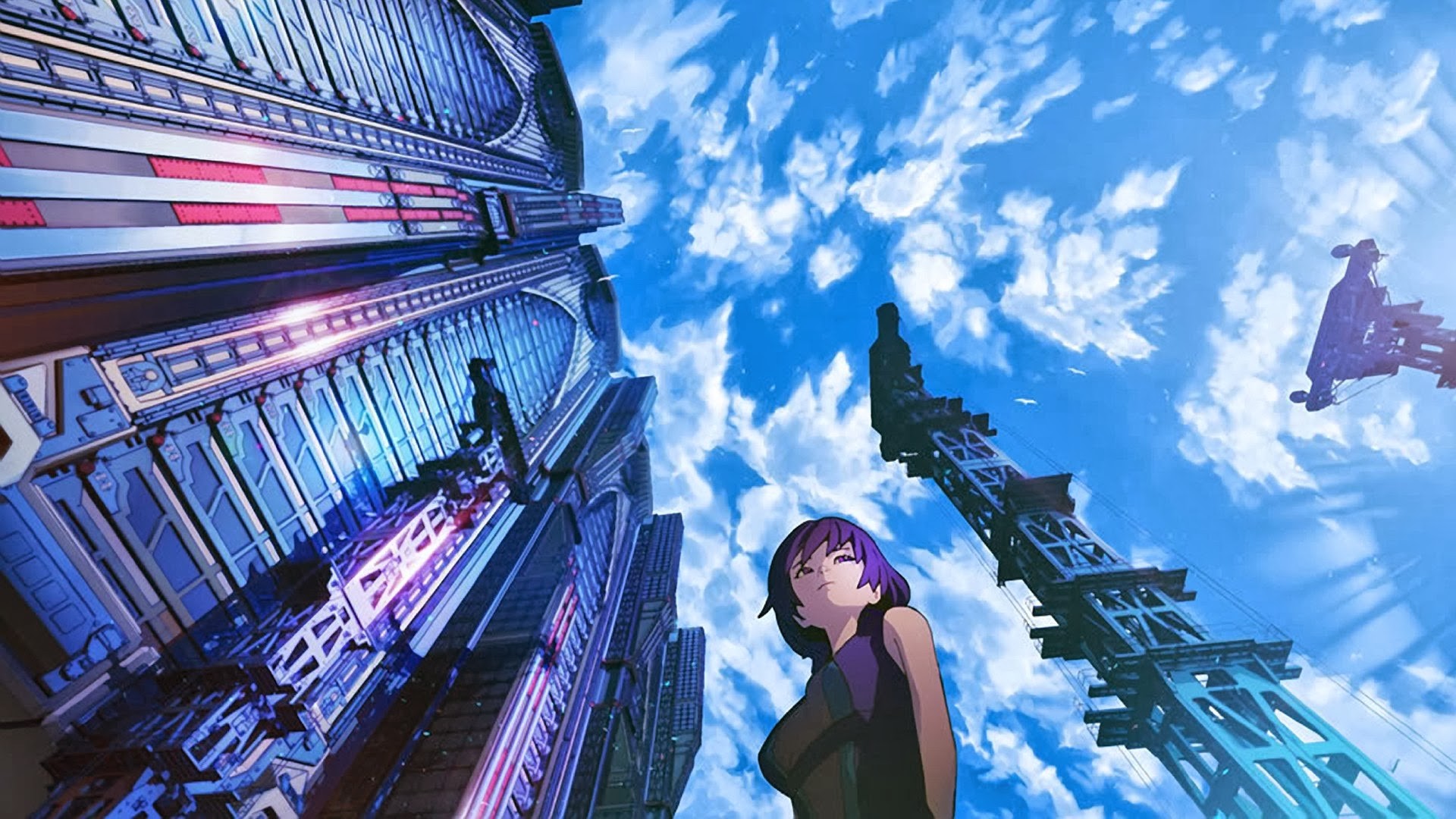 Anime girl looking up at futuristic city and sky HD Wallpaper