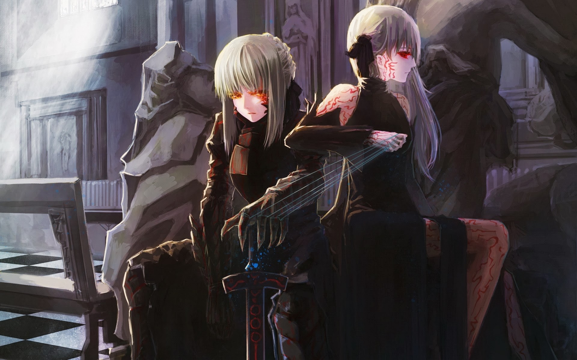 Matou Sakura and Saber Alter in a dark setting HD Wallpaper