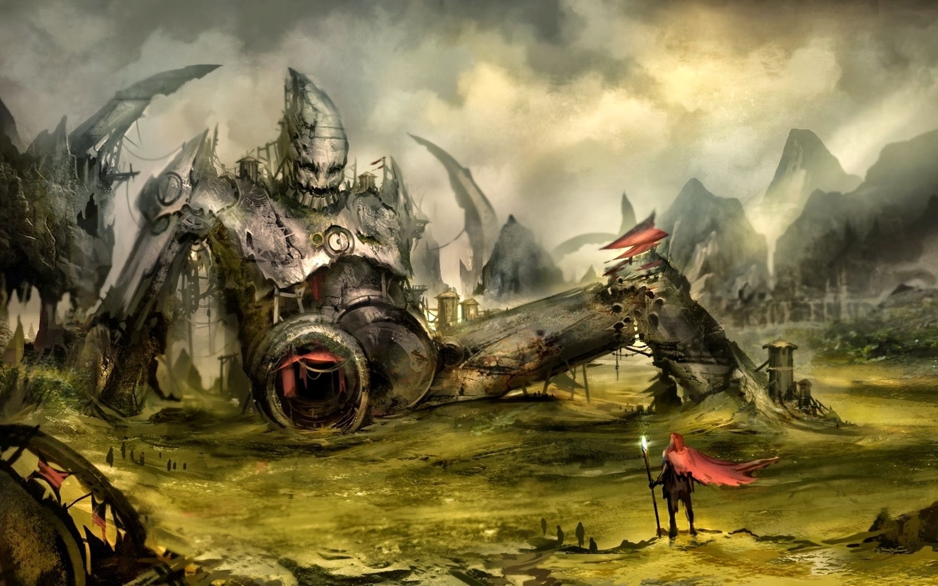 Giant fallen robot in a desolate fantasy landscape HD Wallpaper