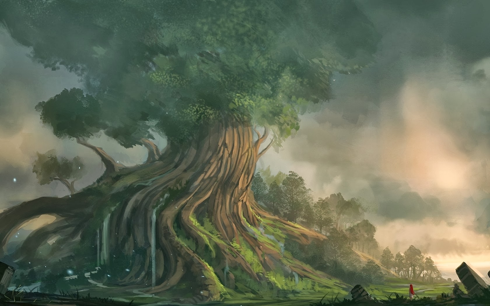 Fantasy art of a giant ancient tree with waterfalls HD Wallpaper