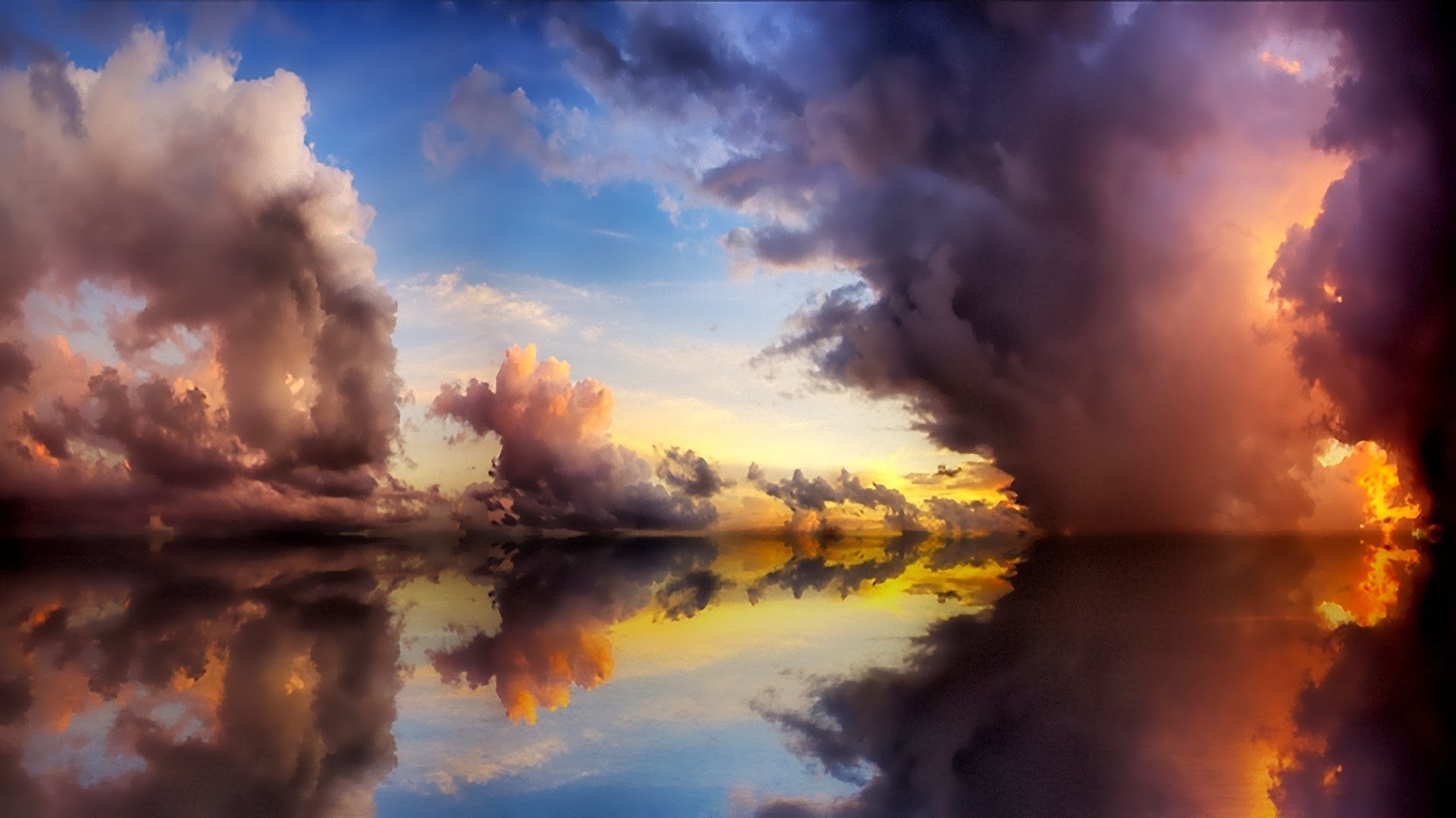 Dramatic sunset clouds reflected in calm water HD Wallpaper