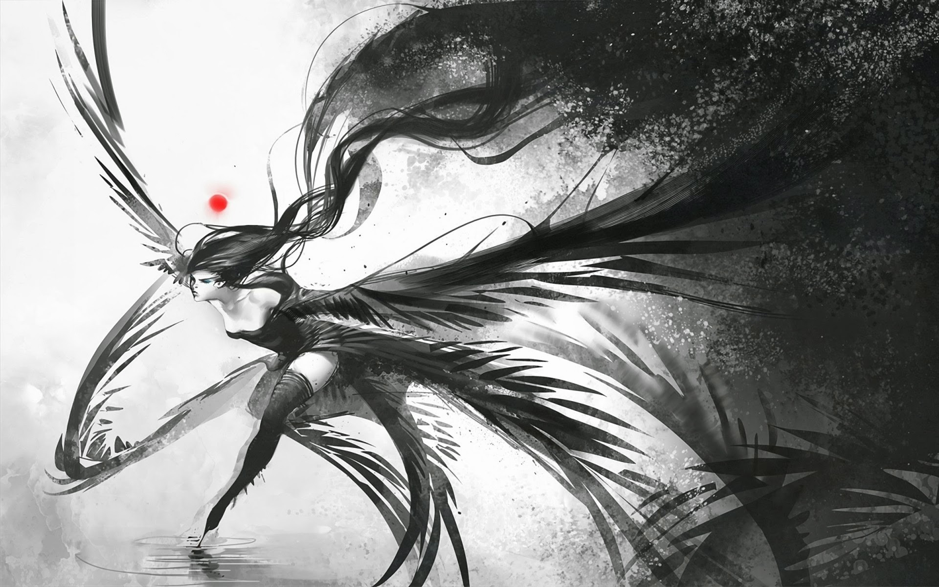 Anime girl with black wings and red dot HD Wallpaper