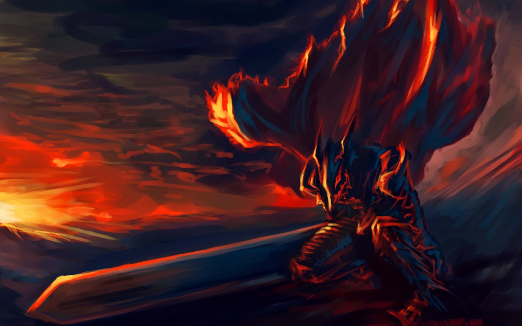 Guts from Berserk with a flaming cape and sword HD Wallpaper