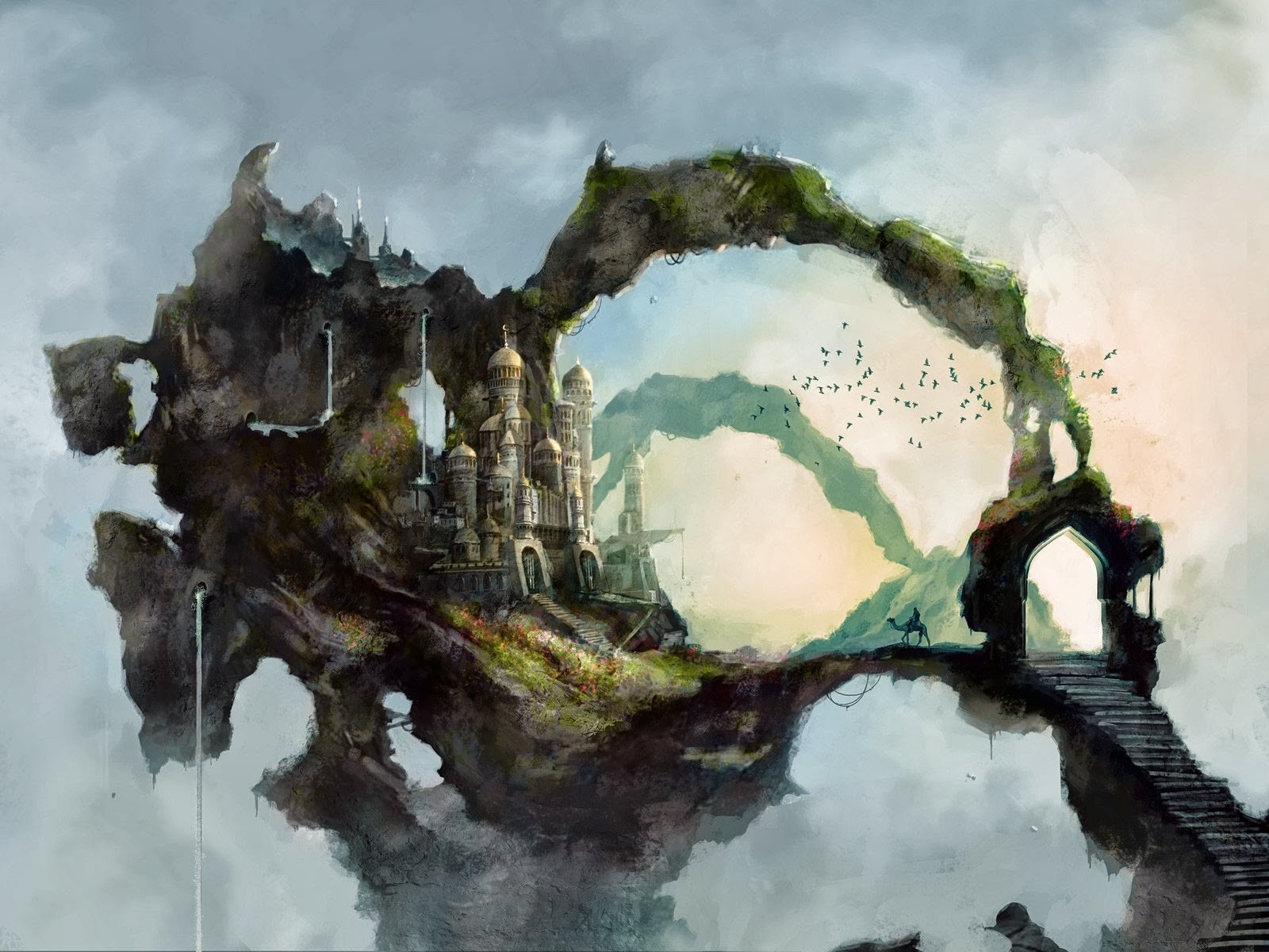 Fantasy castle on a floating island with a camel rider HD Wallpaper