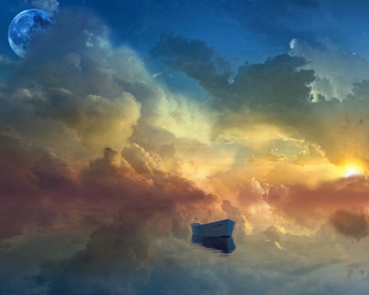 A rowboat floats on a reflective surface under a blue moon and clouds. HD Wallpaper