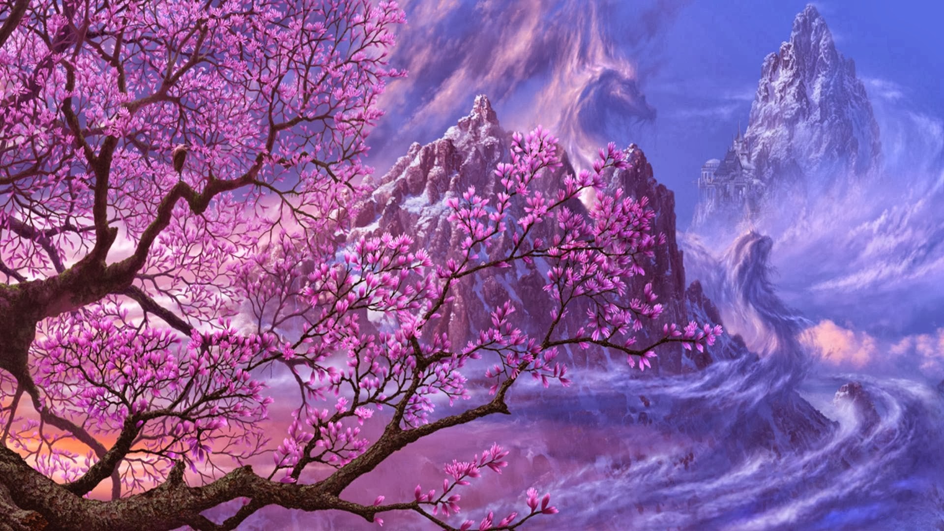 Fantasy art of mountains and cherry blossom trees HD Wallpaper