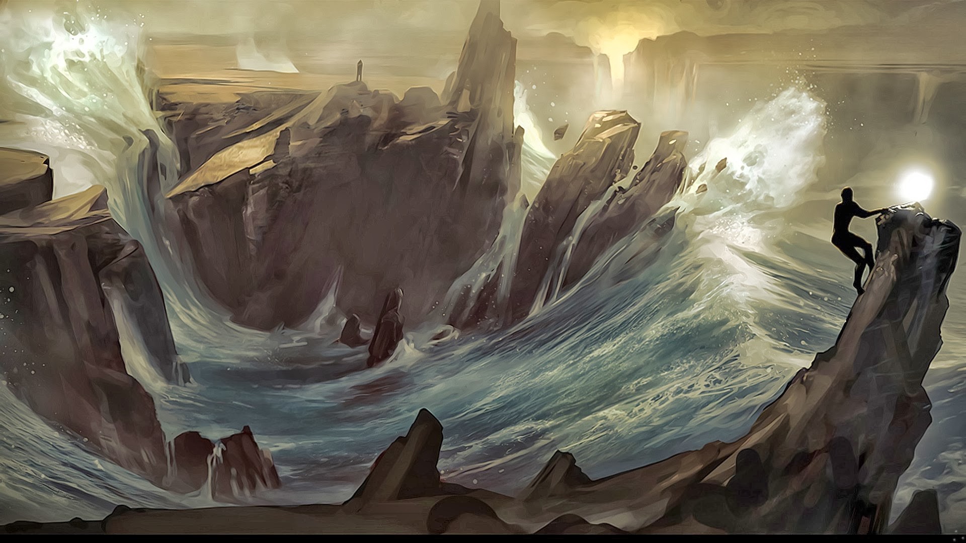 Fantasy art of a person climbing a rock in rough seas HD Wallpaper