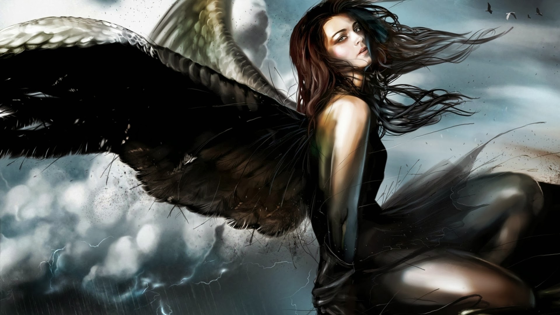 Fantasy girl with black wings in a storm HD Wallpaper