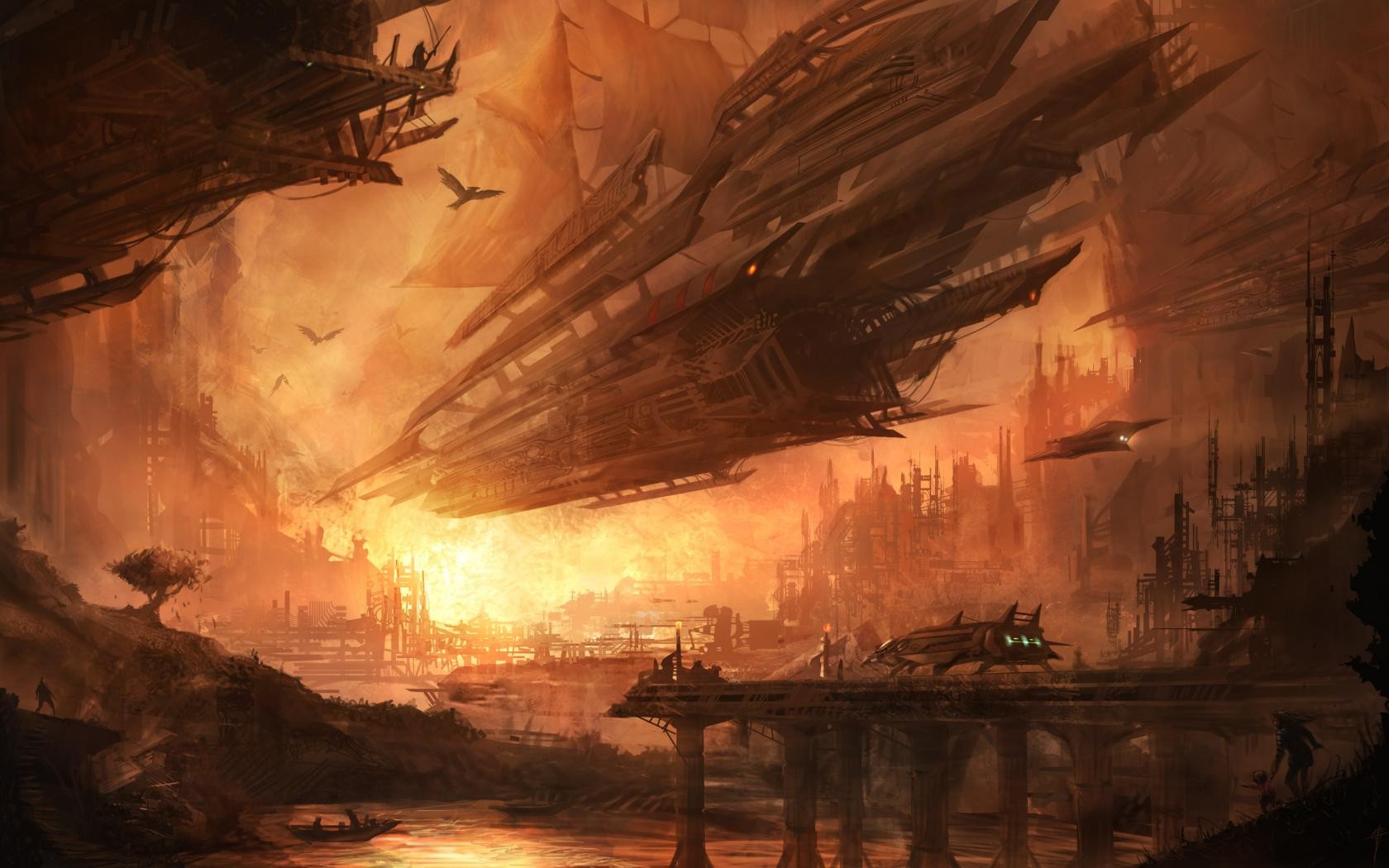 Futuristic city with airships and spacecraft HD Wallpaper