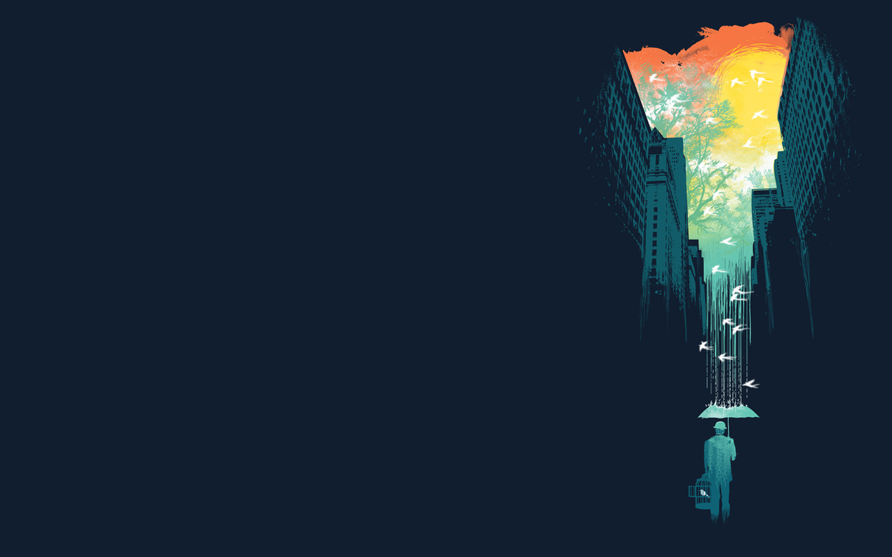 Cityscape with birds raining on an umbrella HD Wallpaper