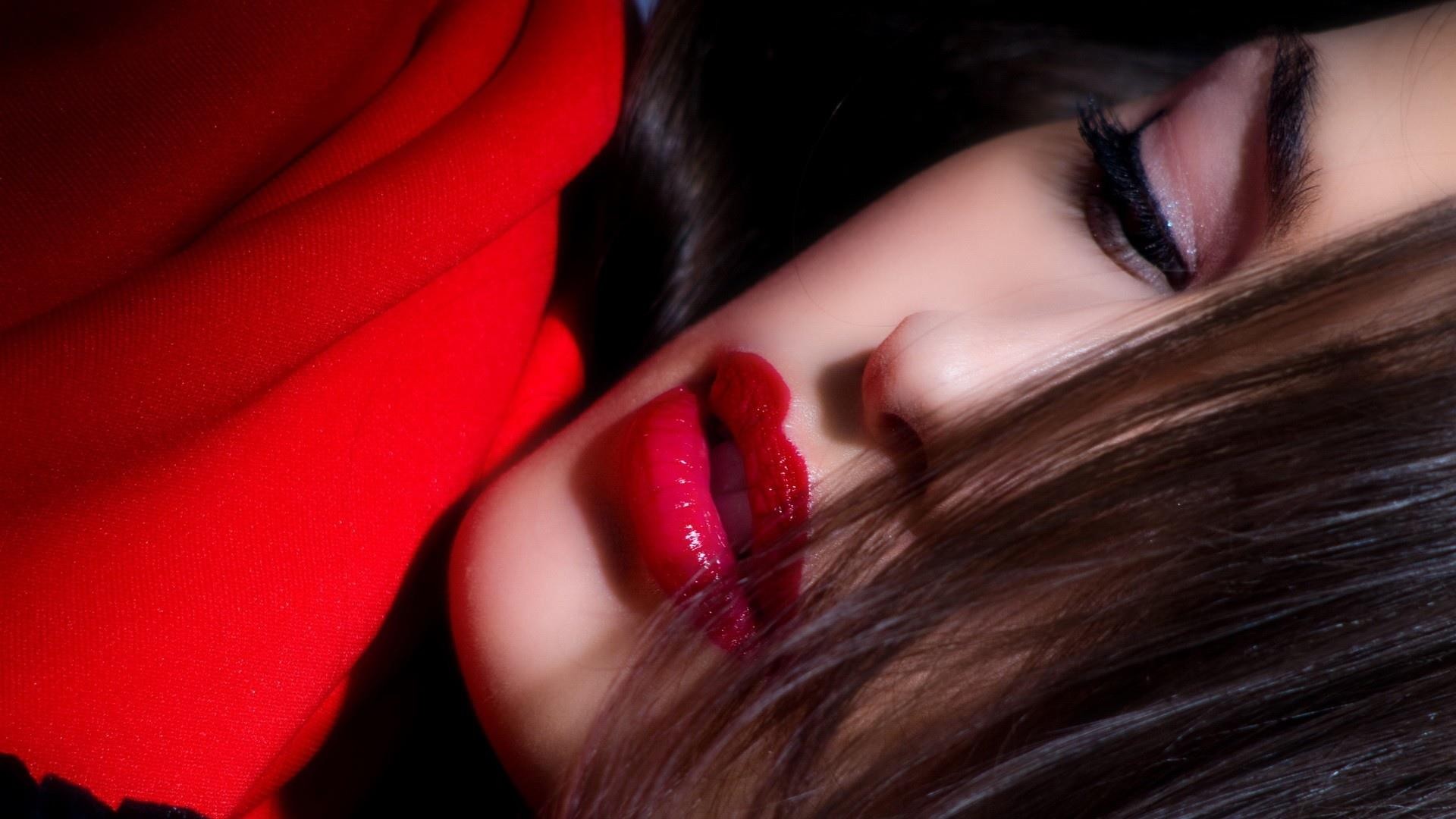 Woman with red lipstick and red fabric HD Wallpaper