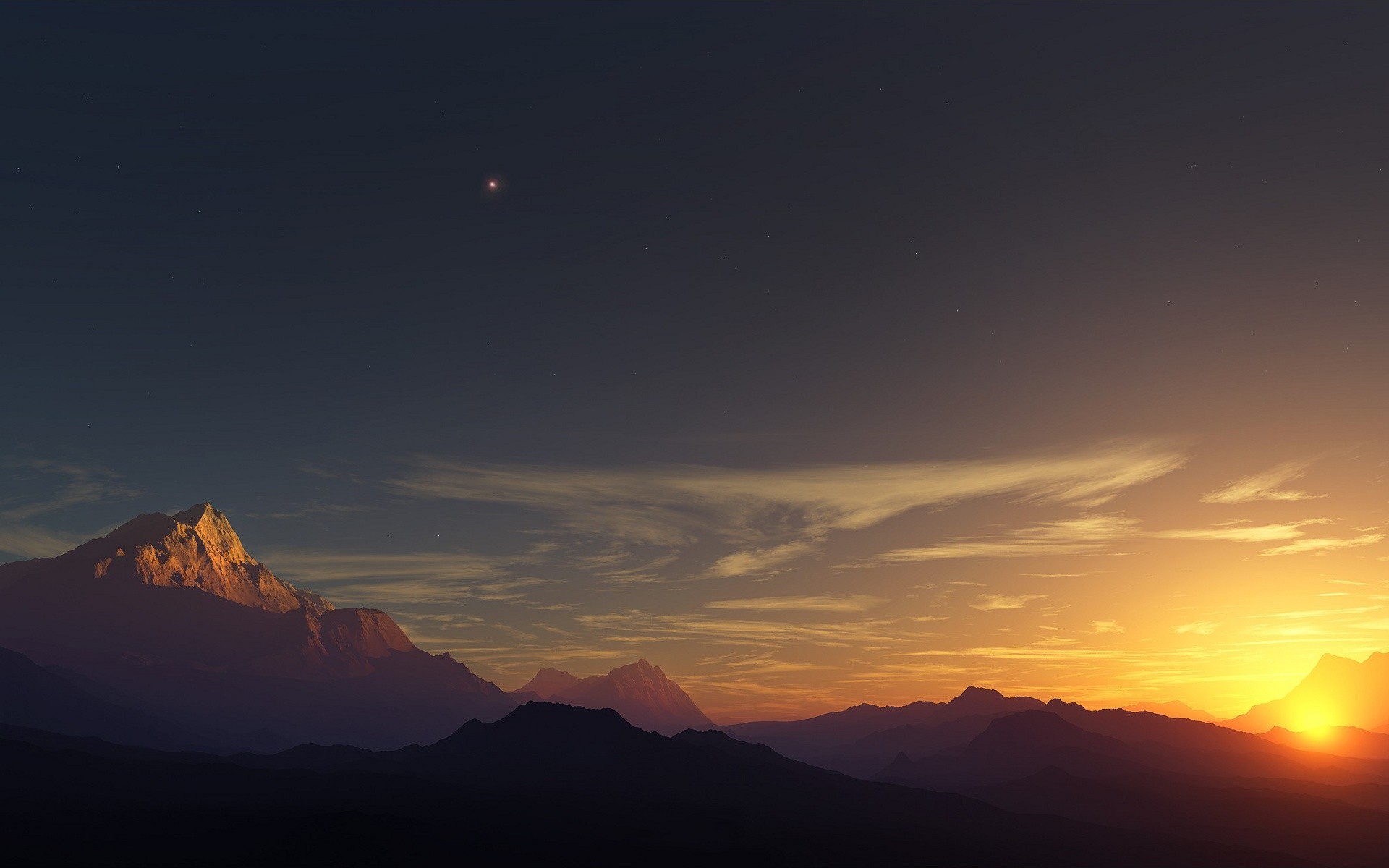 Mountains at sunset with a bright star in the sky HD Wallpaper