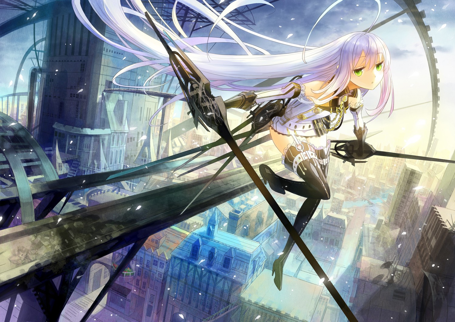 Anime girl with white hair and green eyes holding a weapon HD Wallpaper