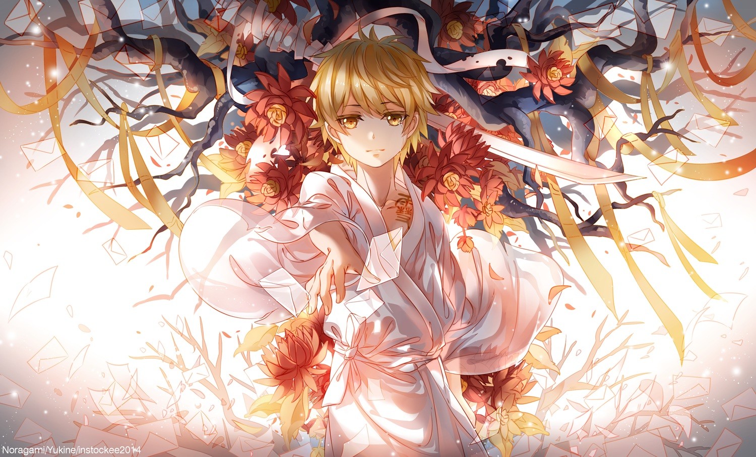 Noragami anime boy with sword and flowers HD Wallpaper
