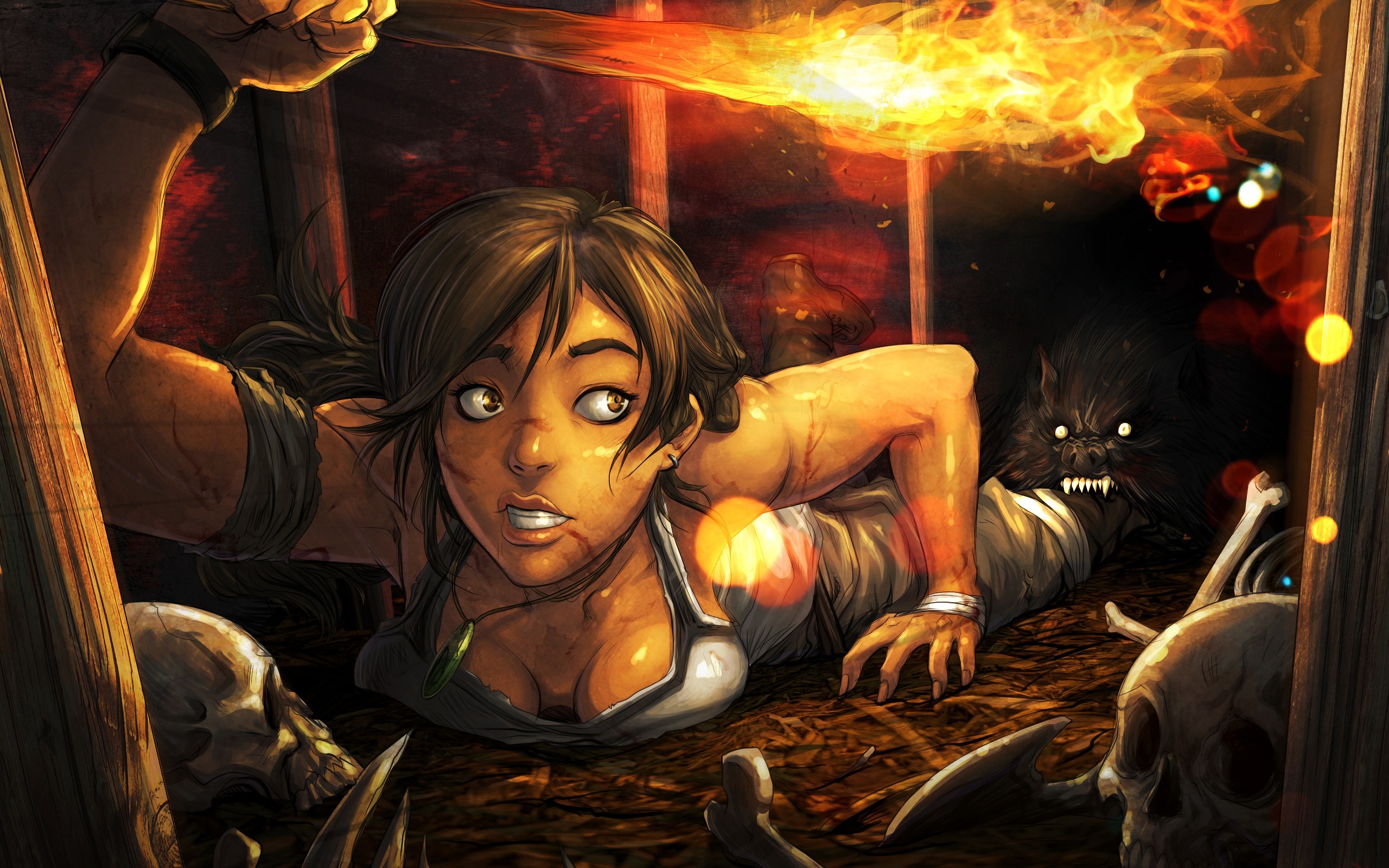 Lara Croft in a dark cave with a werewolf HD Wallpaper