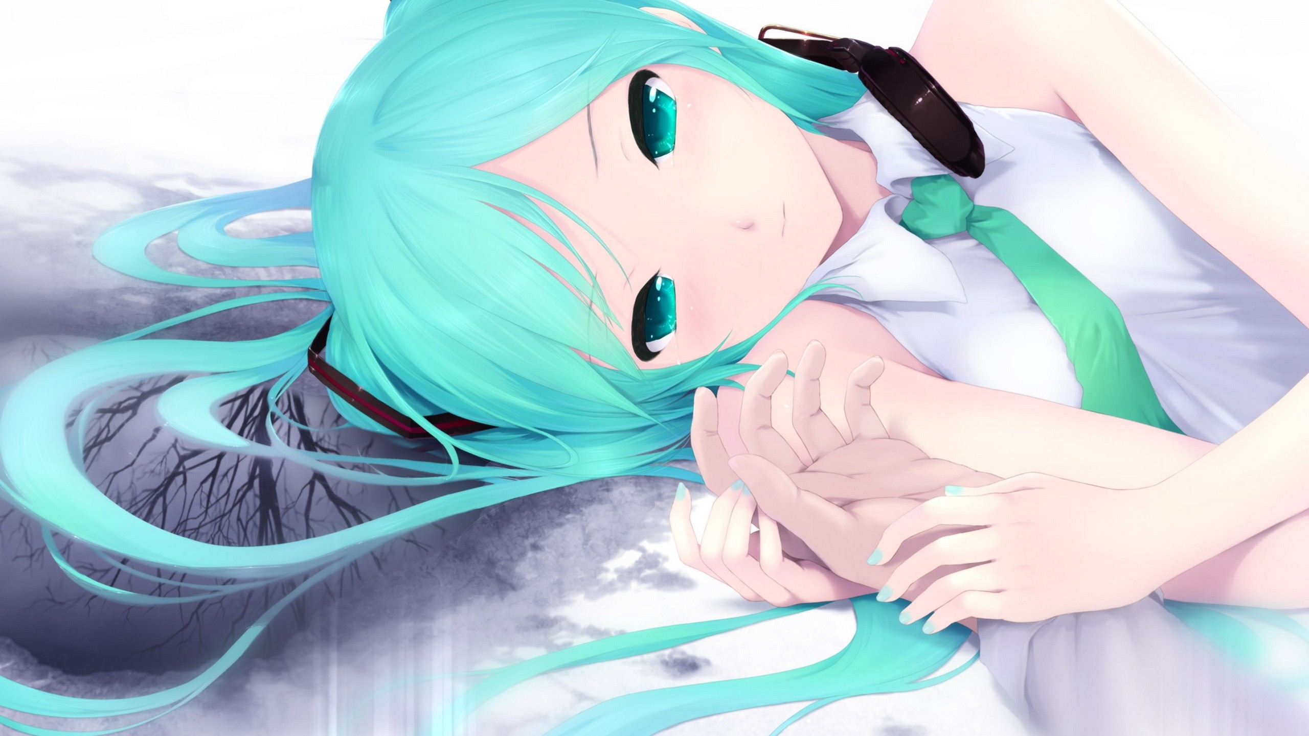 Hatsune Miku lying down with her hands clasped HD Wallpaper