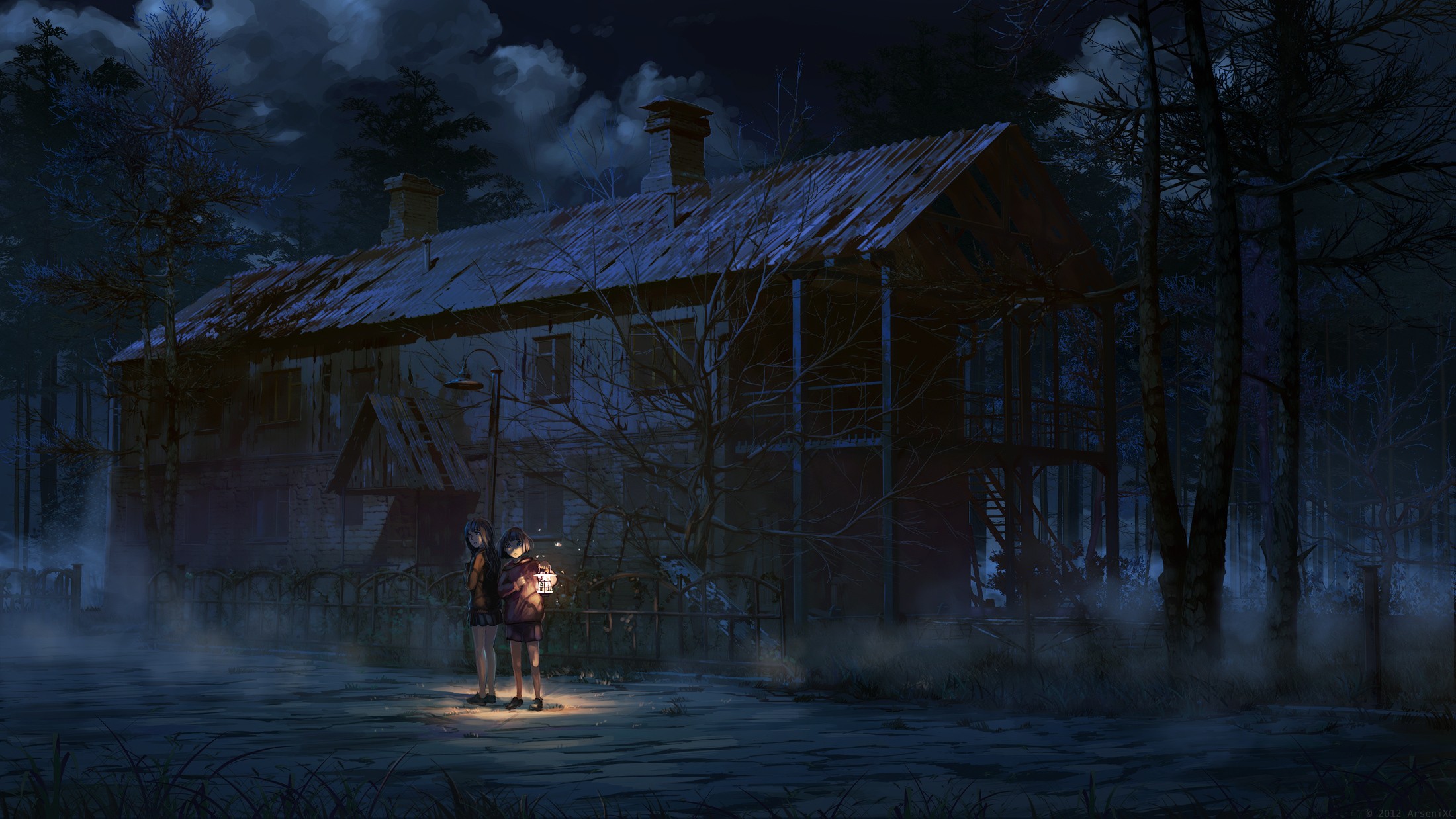 Two anime girls with lanterns in front of a haunted house at night HD Wallpaper