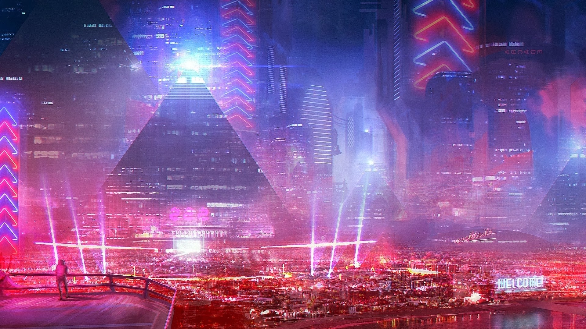 Futuristic cityscape with neon lights and pyramids HD Wallpaper