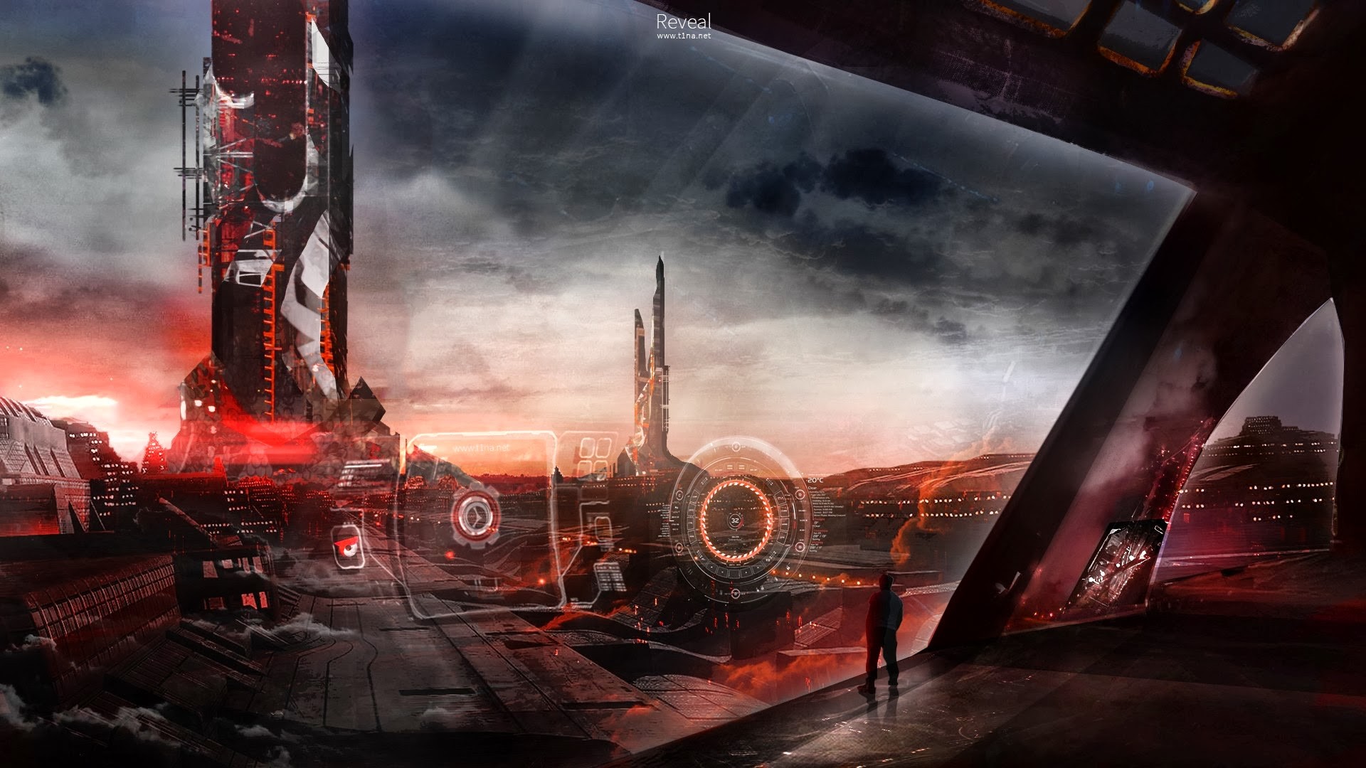 Futuristic city with glowing towers and a lone figure HD Wallpaper