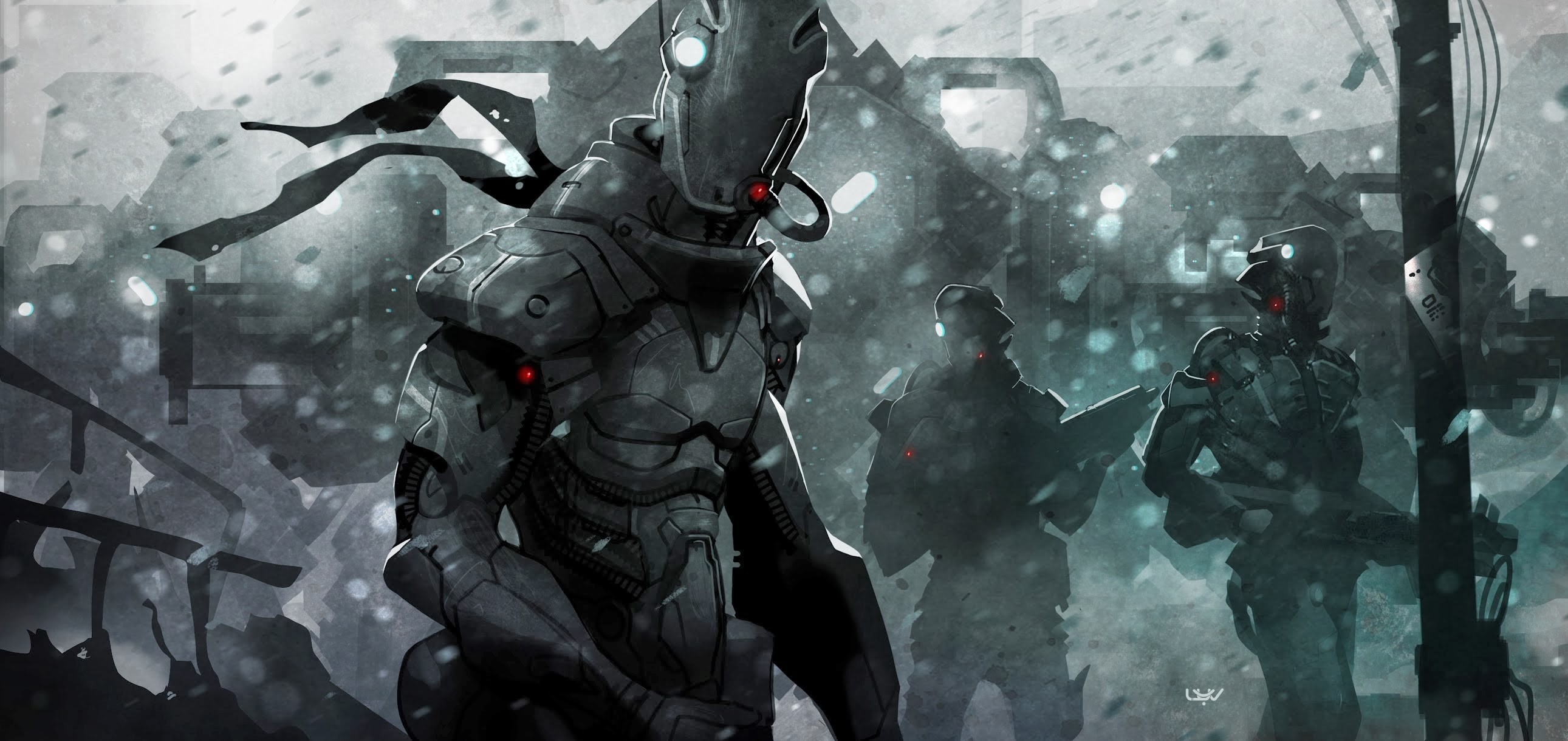 Robotic soldiers in a snowy, war-torn city HD Wallpaper
