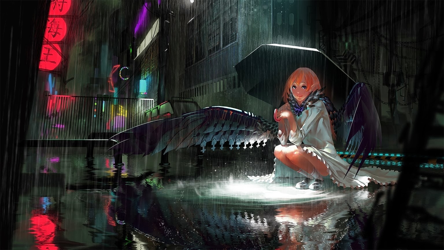 Anime girl with wings in the rain at night HD Wallpaper