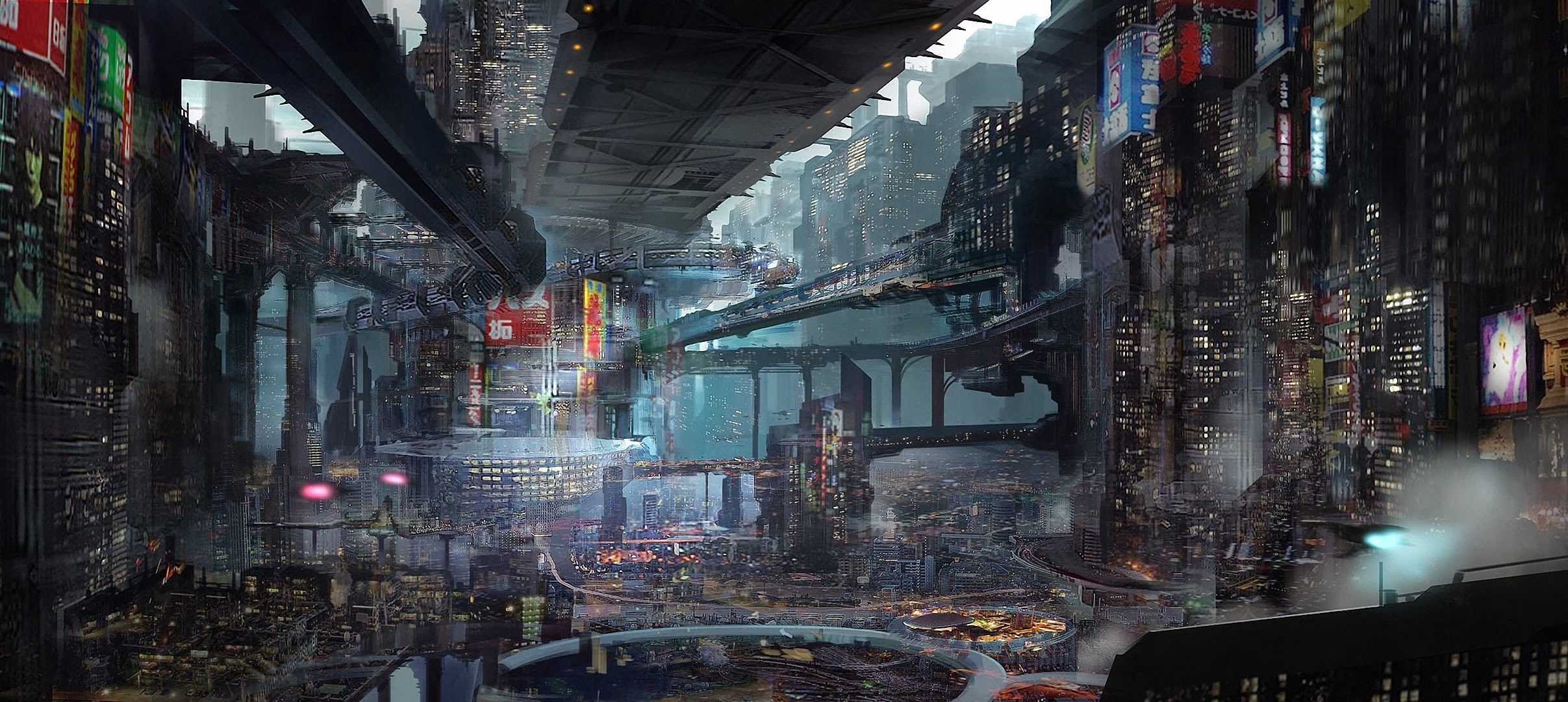 Futuristic city with towering buildings and elevated transport HD Wallpaper
