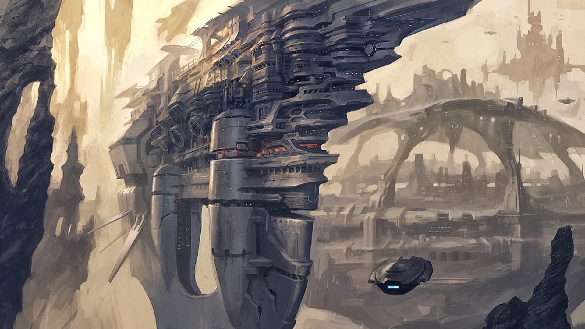 Futuristic city artwork with aircraft HD Wallpaper
