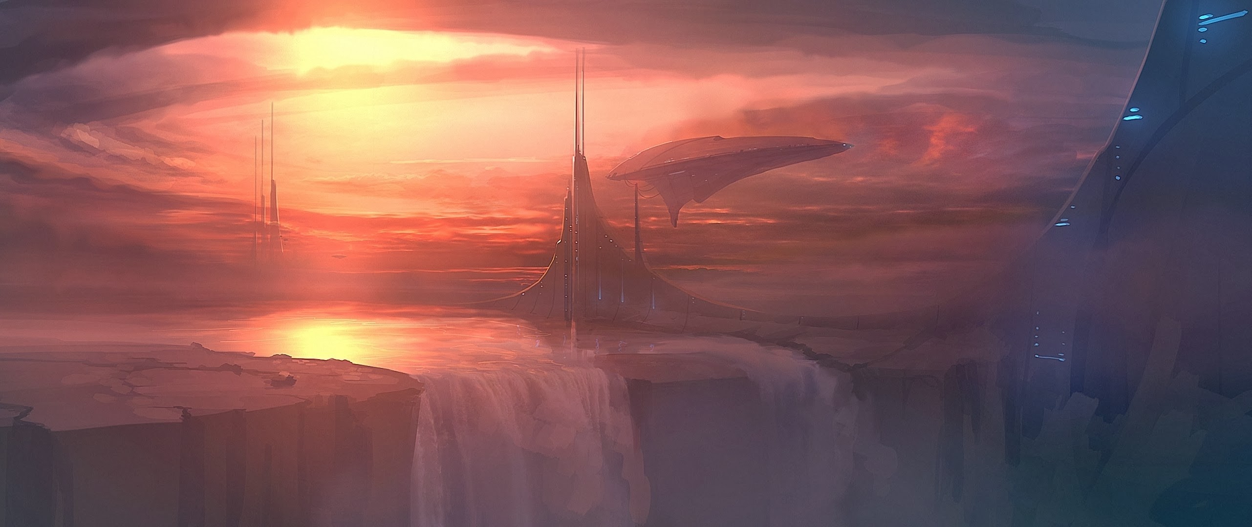 Futuristic city with waterfalls at sunset HD Wallpaper