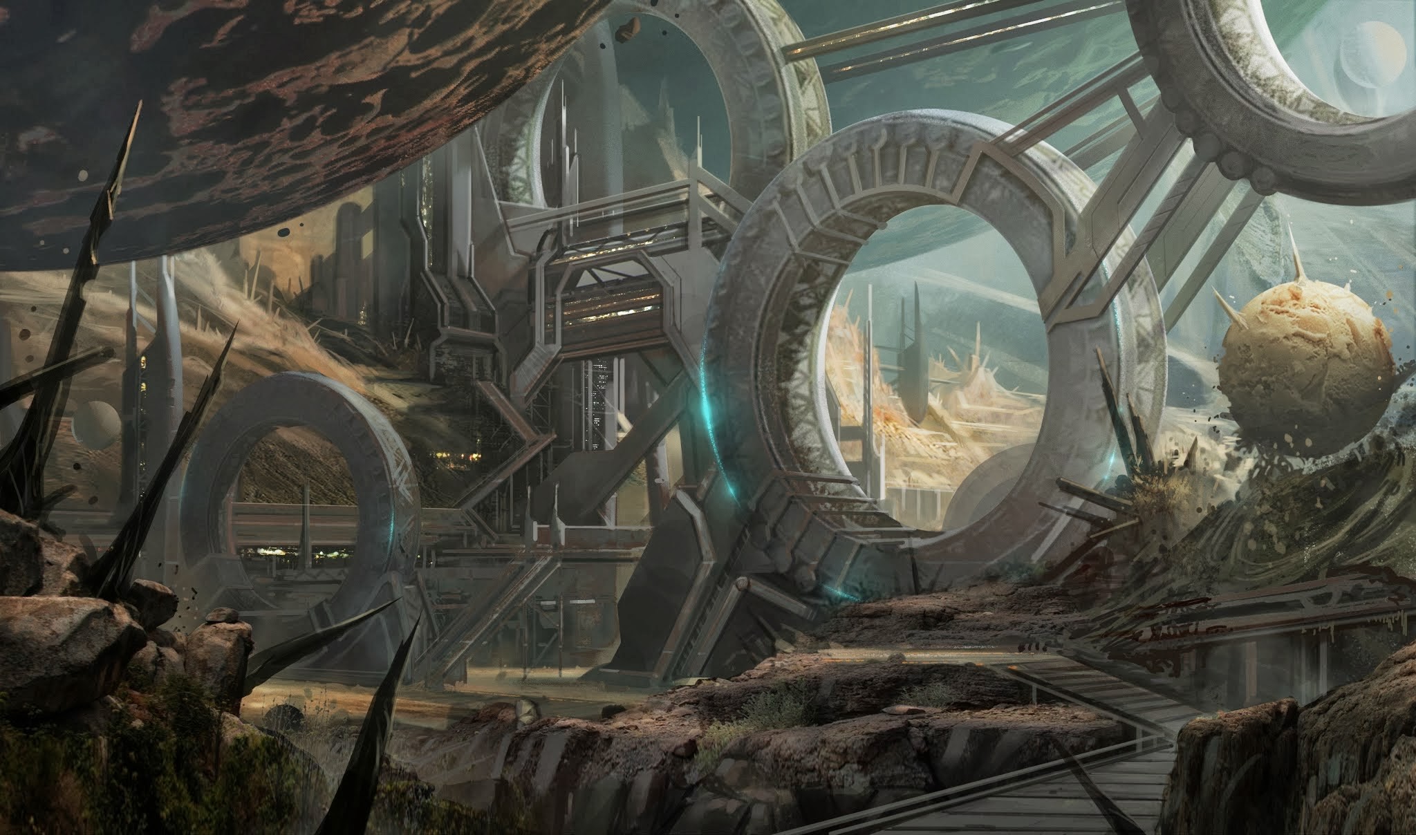 Futuristic alien cityscape with large rings and planets HD Wallpaper