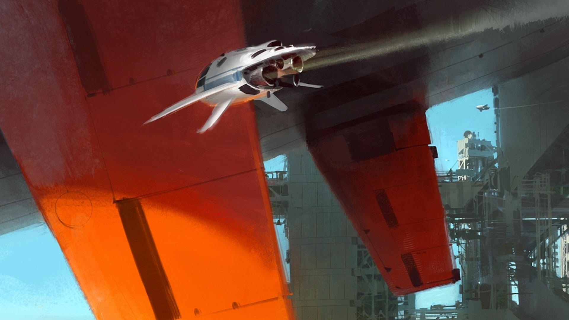 Futuristic spaceship near a large structure HD Wallpaper
