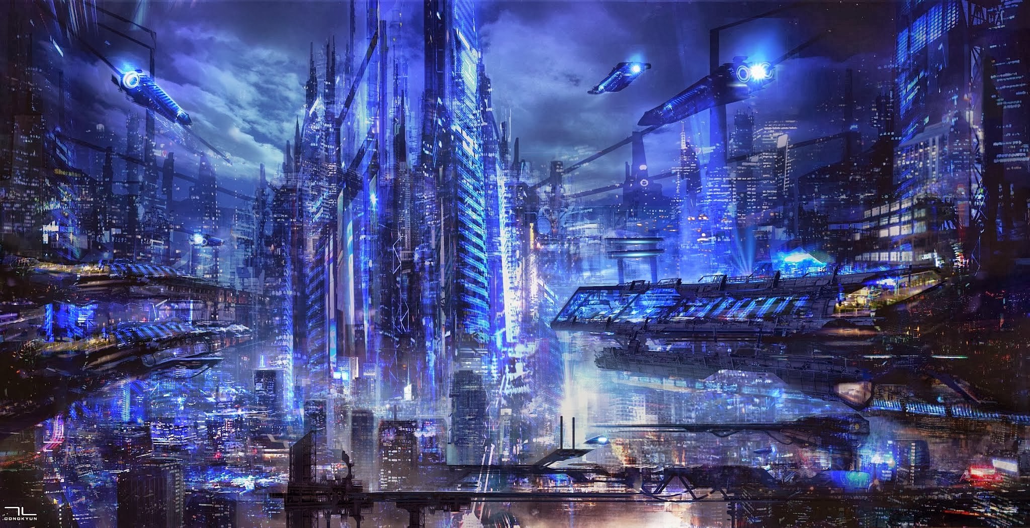 Futuristic city with flying vehicles and skyscrapers HD Wallpaper