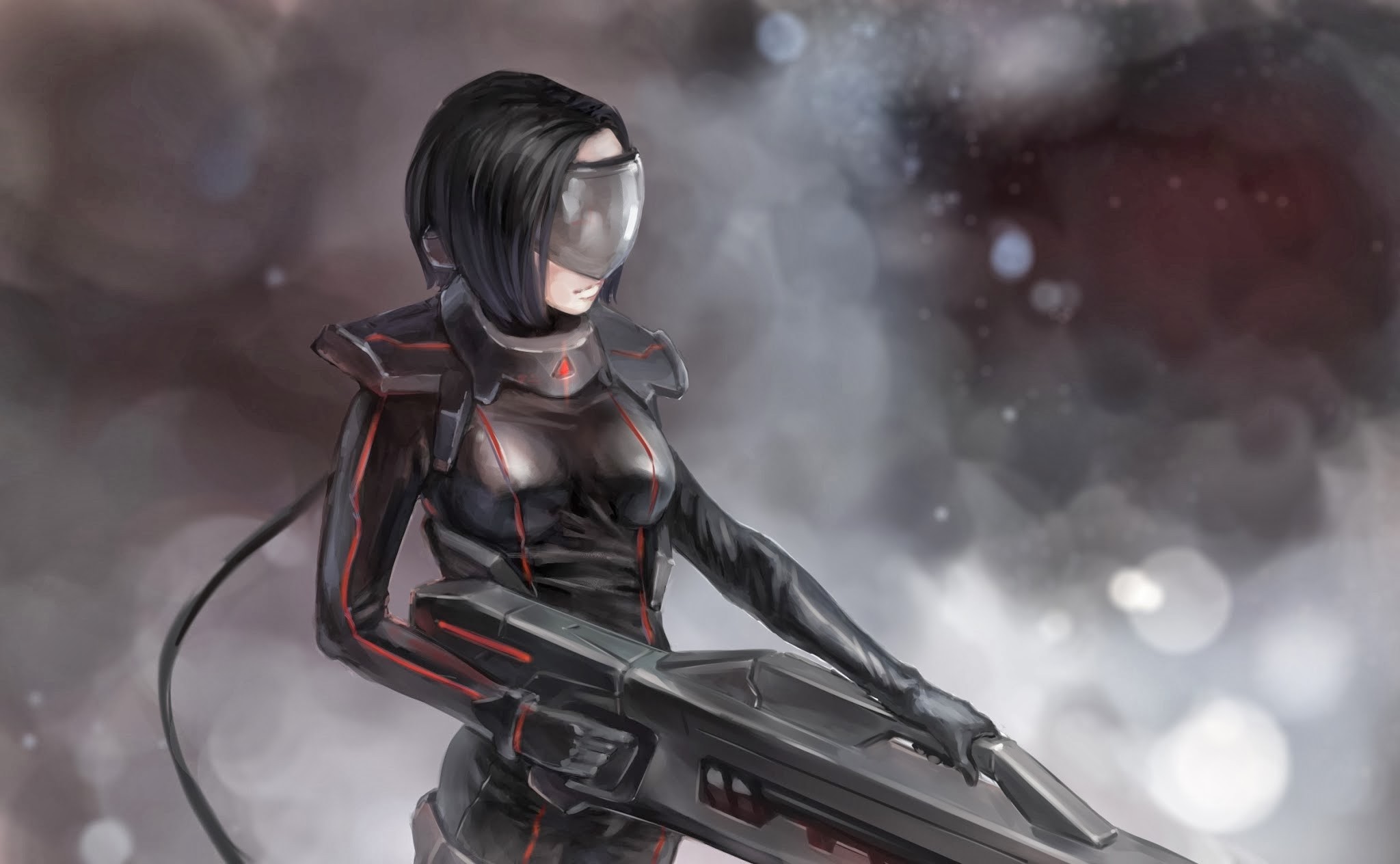 Woman in cyberpunk armor holding a large weapon HD Wallpaper