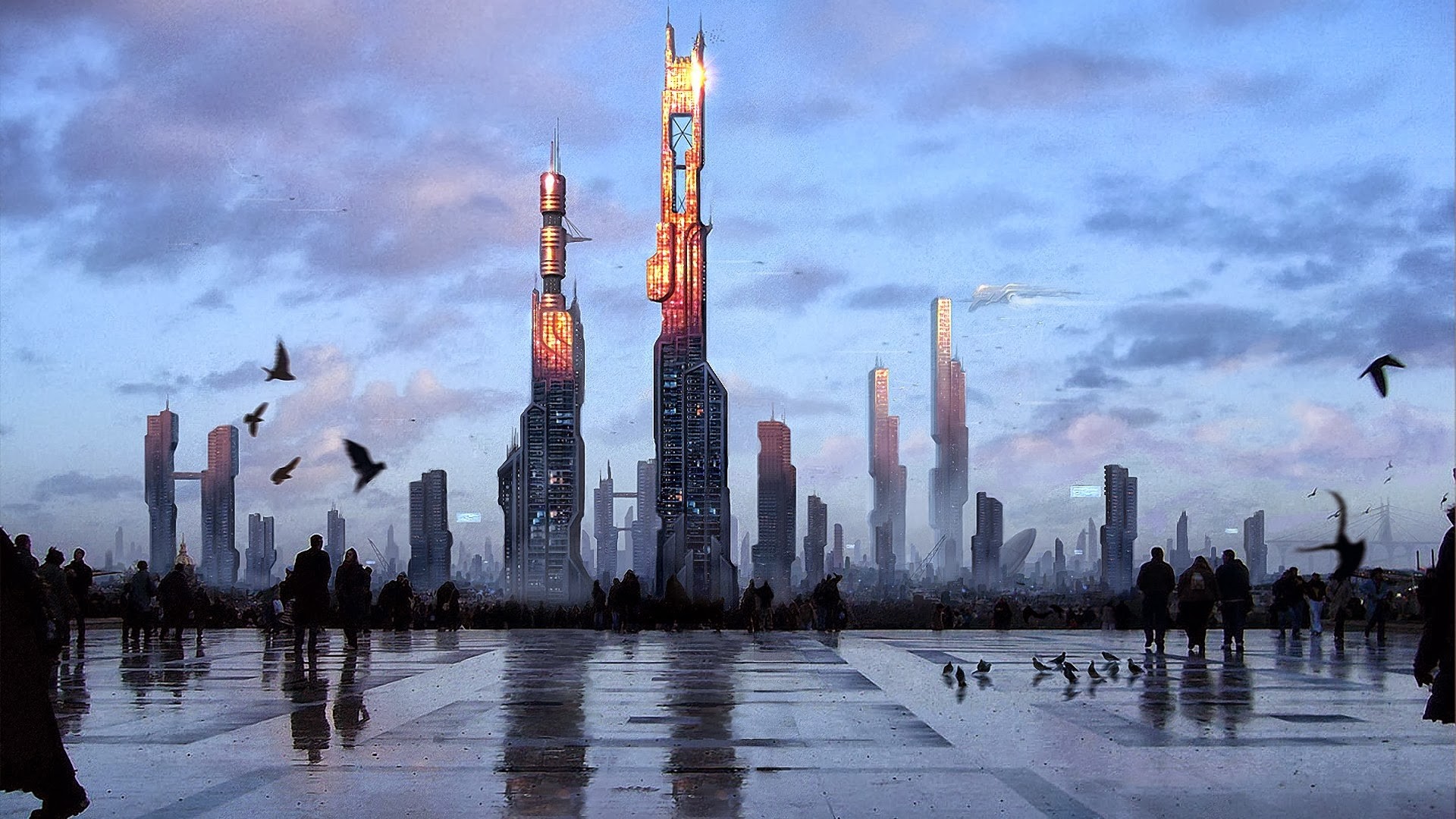 Futuristic city skyline with people and birds HD Wallpaper
