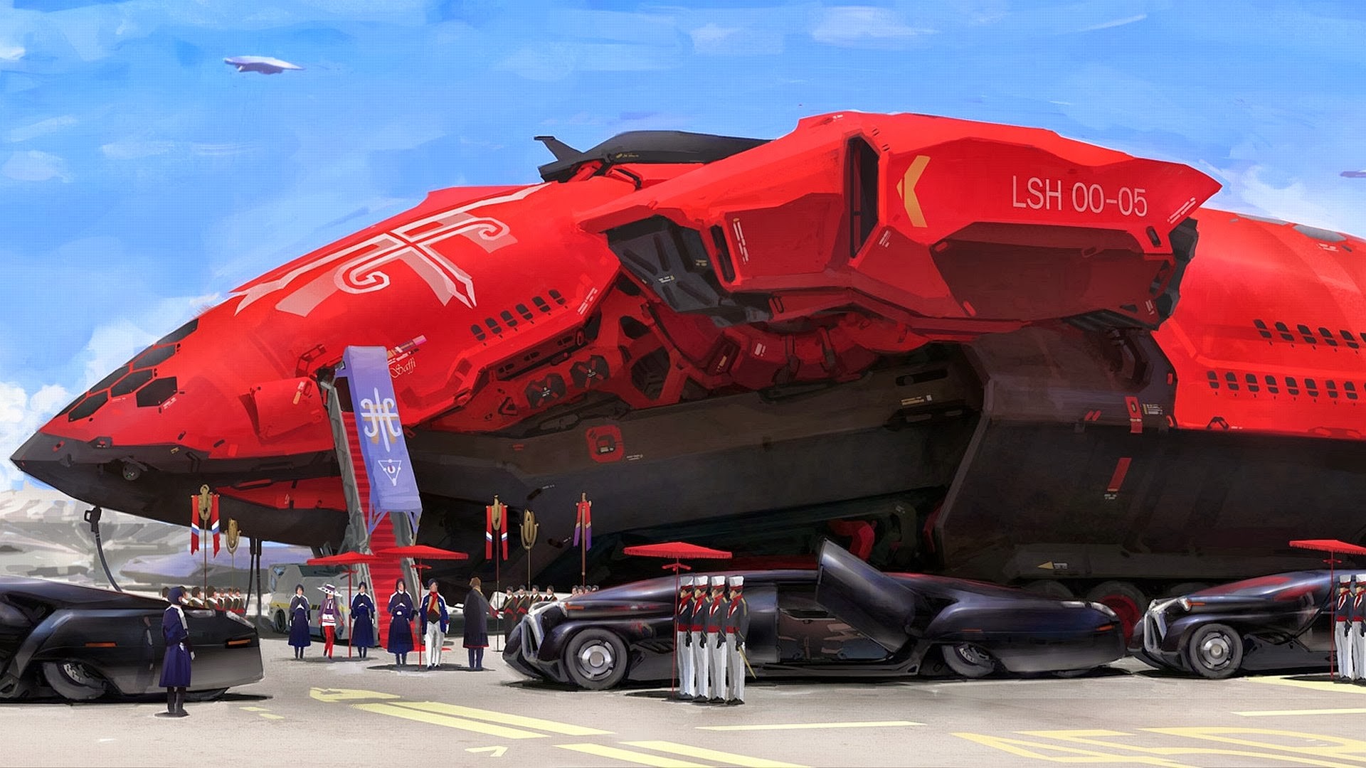 Red spaceship with LSH 00-05 marking and futuristic cars HD Wallpaper