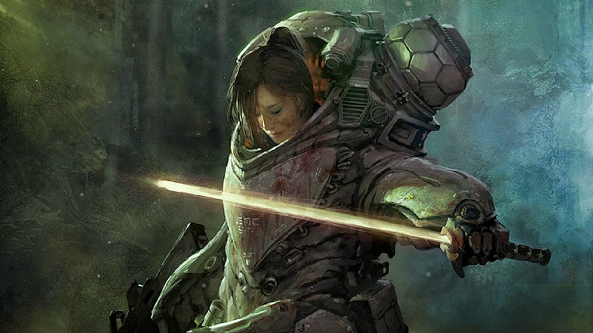 Woman in sci-fi armor with glowing sword HD Wallpaper