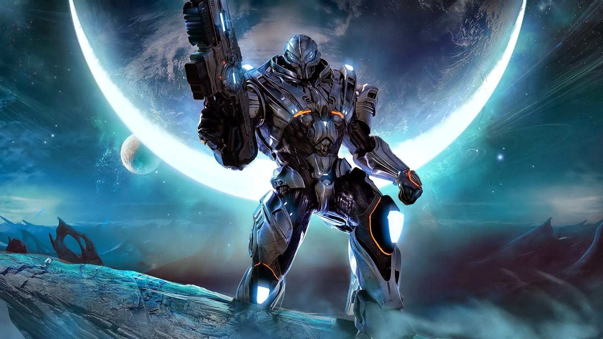 Science fiction robot with gun in space HD Wallpaper