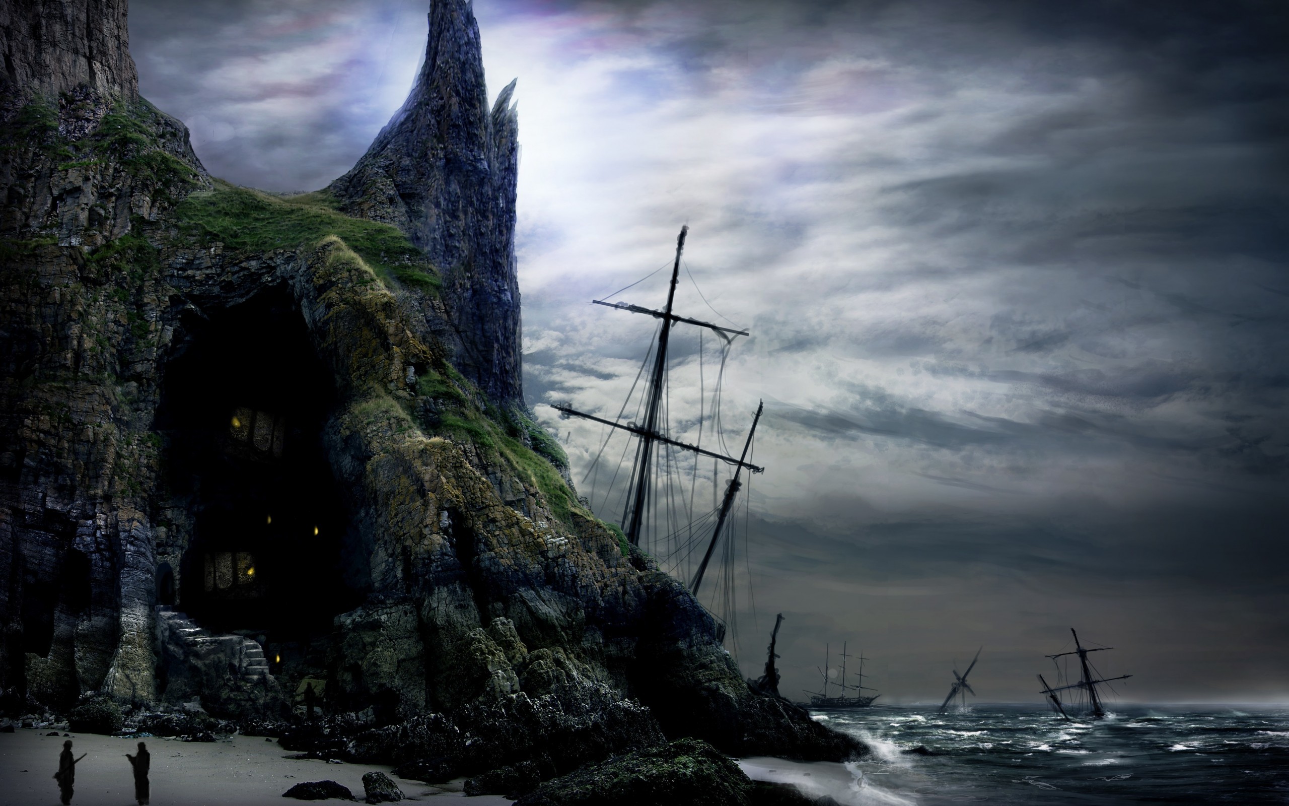 Pirate cave with shipwrecks on a rocky shore HD Wallpaper