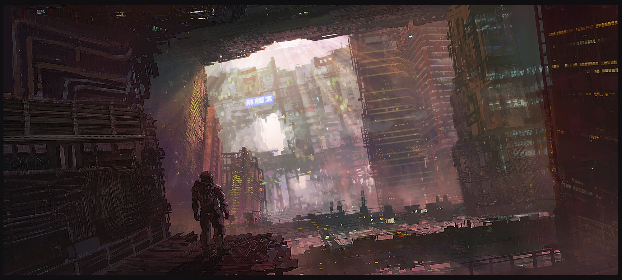 Futuristic city artwork with a lone figure HD Wallpaper