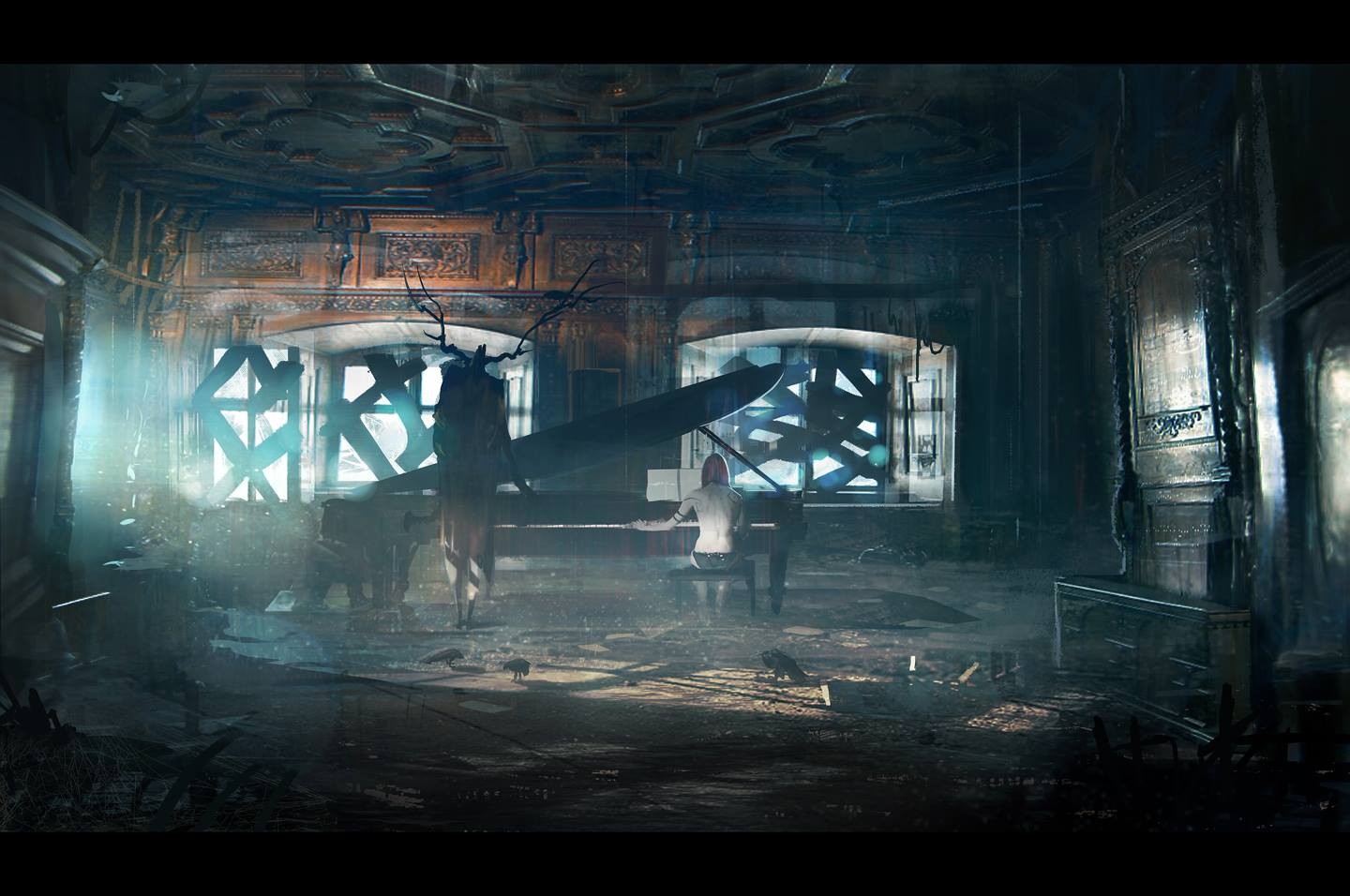 Demon playing piano in a ruined room HD Wallpaper