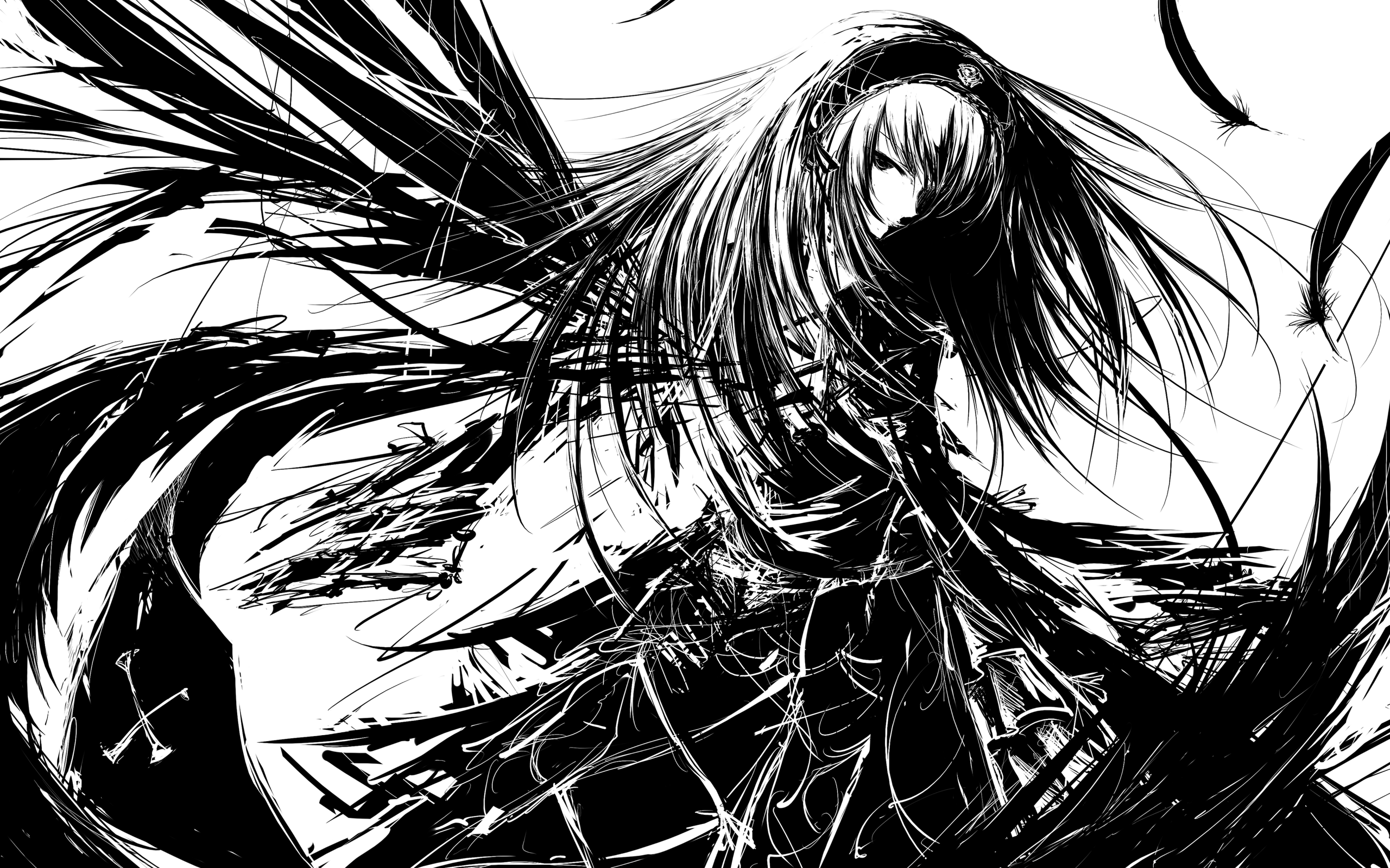 Suigintou from Rozen Maiden in monochrome anime art HD Wallpaper