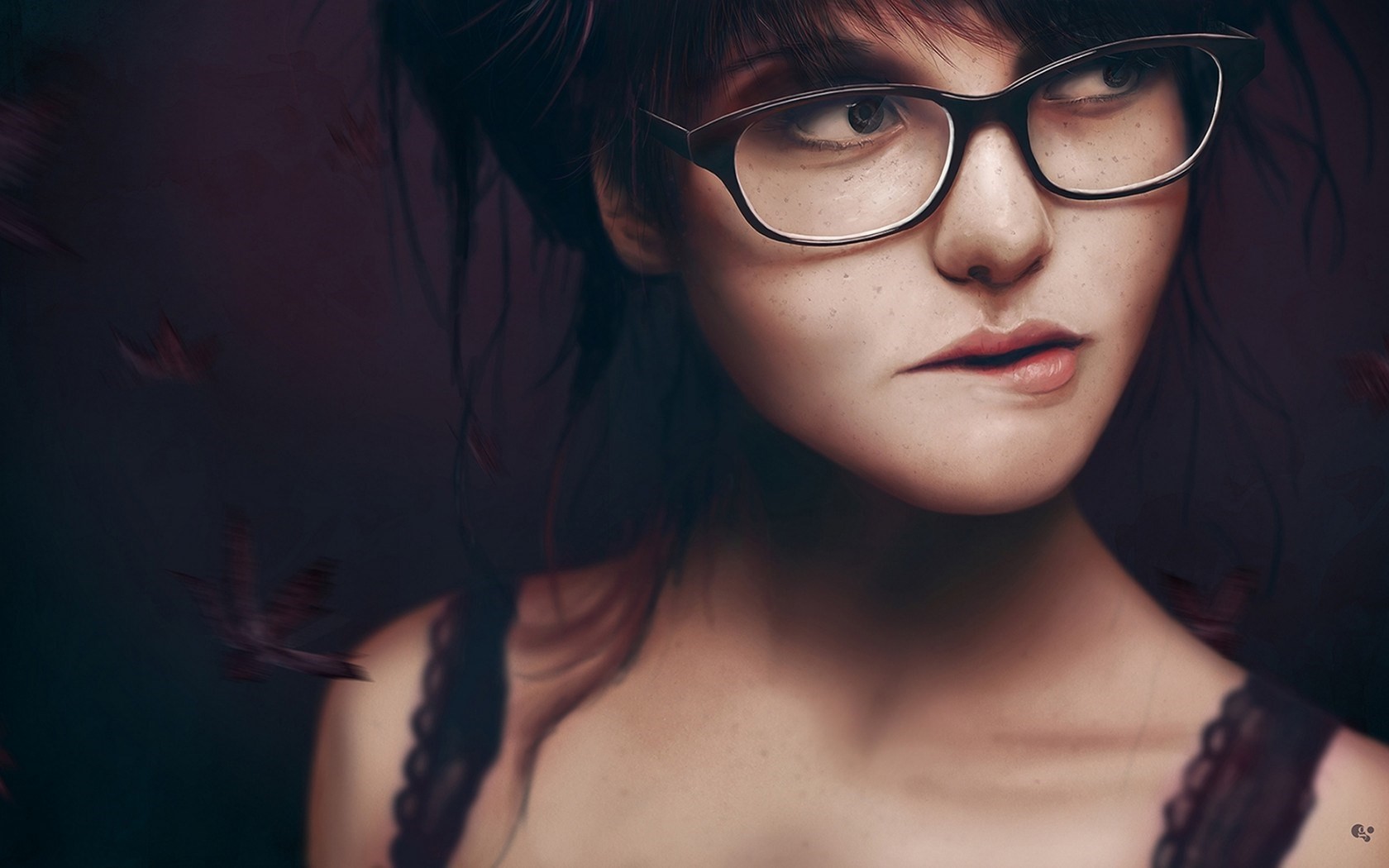 Woman with glasses biting her lip HD Wallpaper