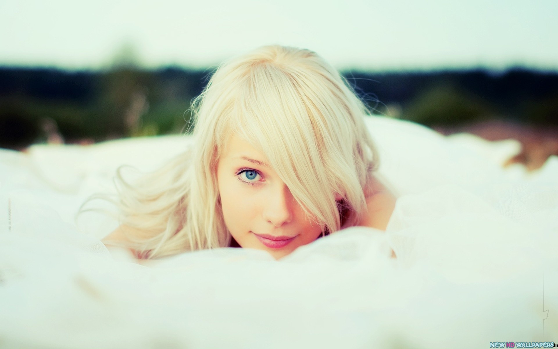 Young woman with blonde hair and blue eyes HD Wallpaper